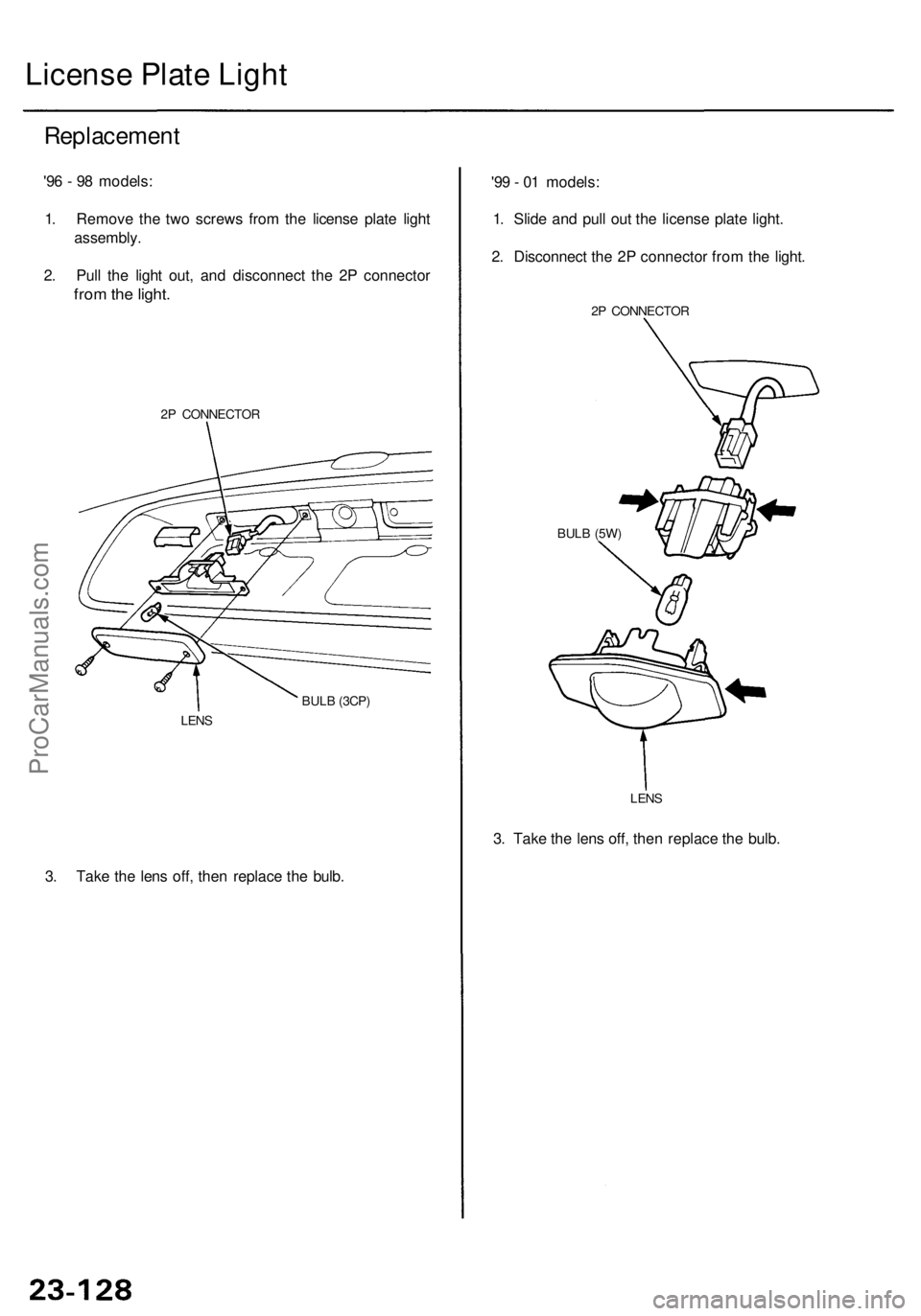 ACURA RL KA9 1996  Service Repair Manual 3. Tak e th e len s off , the n replac e th e bulb . 3
. Tak e th e len s off , the n replac e th e bulb .
Replacemen t
'96 -  9 8 models :
1 . Remov e th e tw o screw s fro m th e licens e plat e