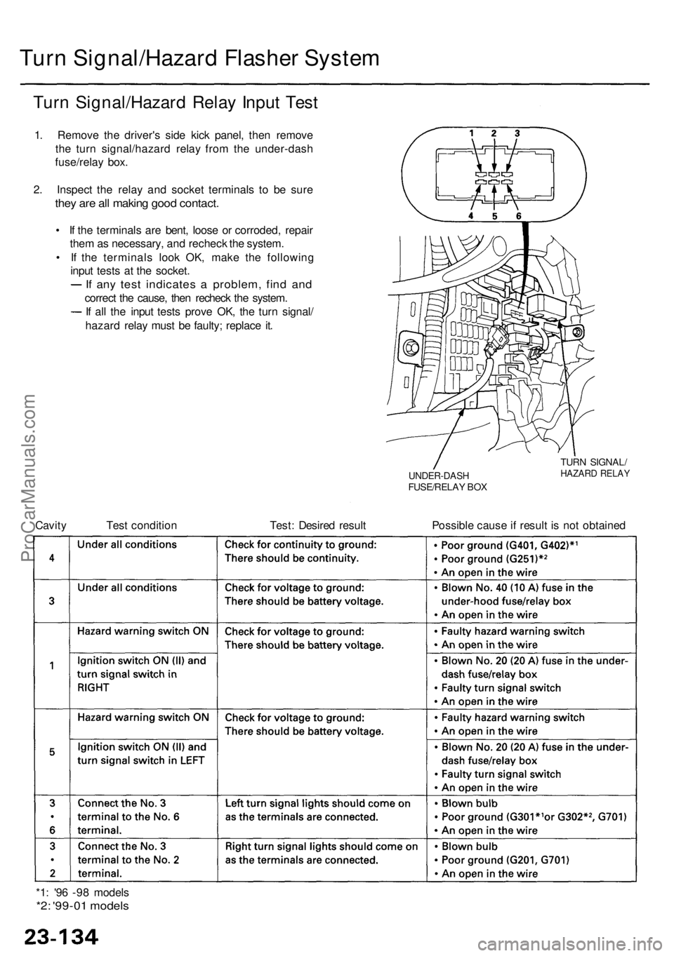 ACURA RL KA9 1996 Service Owners Manual Turn Signal/Hazar d Flashe r Syste m
Turn Signal/Hazar d Rela y Inpu t Tes t
1. Remov e th e driver' s sid e kic k panel , the n remov e
th e tur n signal/hazar d rela y fro m th e under-das h
fus ACURA RL KA9 1996 Service Owners Manual Turn Signal/Hazar d Flashe r Syste m
Turn Signal/Hazar d Rela y Inpu t Tes t
1. Remov e th e driver' s sid e kic k panel , the n remov e
th e tur n signal/hazar d rela y fro m th e under-das h
fus