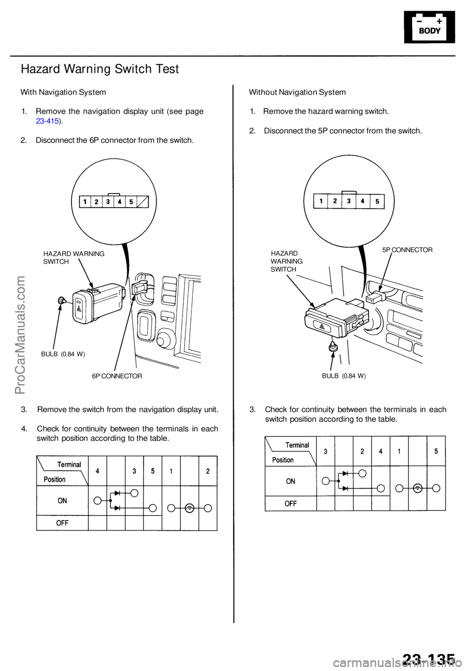 ACURA RL KA9 1996  Service Repair Manual Hazard Warnin g Switc h Tes t
With Navigatio n Syste m
1 . Remov e th e navigatio n displa y uni t (se e pag e
23-415 ).
2 . Disconnec t th e 6 P connecto r fro m th e switch .
HAZAR D WARNIN GSWITCH
