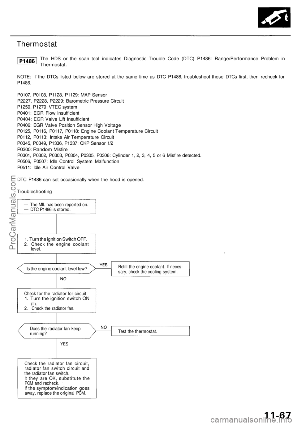 ACURA RL KA9 1996  Service Repair Manual 
Thermostat

The HDS or the scan tool indicates Diagnostic Trouble Code (DTC) P1486: Range/Performance Problem in

Thermostat.

NOTE: If the DTCs listed below are stored at the same time as DTC P1486,