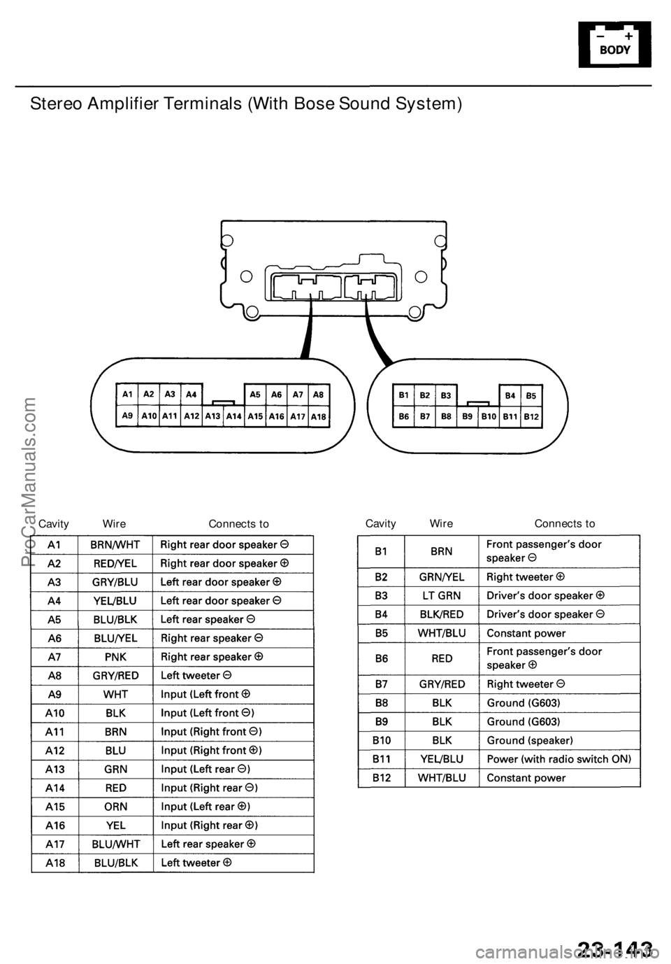 ACURA RL KA9 1996  Service Repair Manual Stereo Amplifie r Terminal s (Wit h Bos e Soun d System )
Cavity Wir e Connect s t o Cavit
y Wir e Connect s t o
ProCarManuals.com 