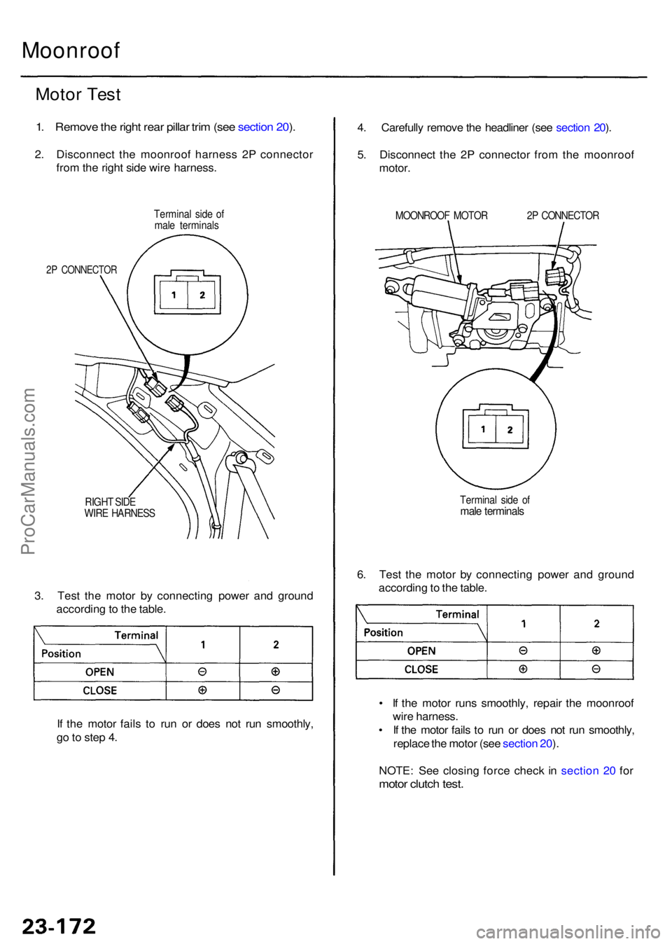 ACURA RL KA9 1996  Service Repair Manual Moonroof
Motor Tes t
1. Remov e th e righ t rea r pilla r tri m (se e sectio n 20 ).
2 . Disconnec t th e moonroo f harnes s 2 P connecto r
fro m th e righ t sid e wir e harness .
Terminal sid e o f
m