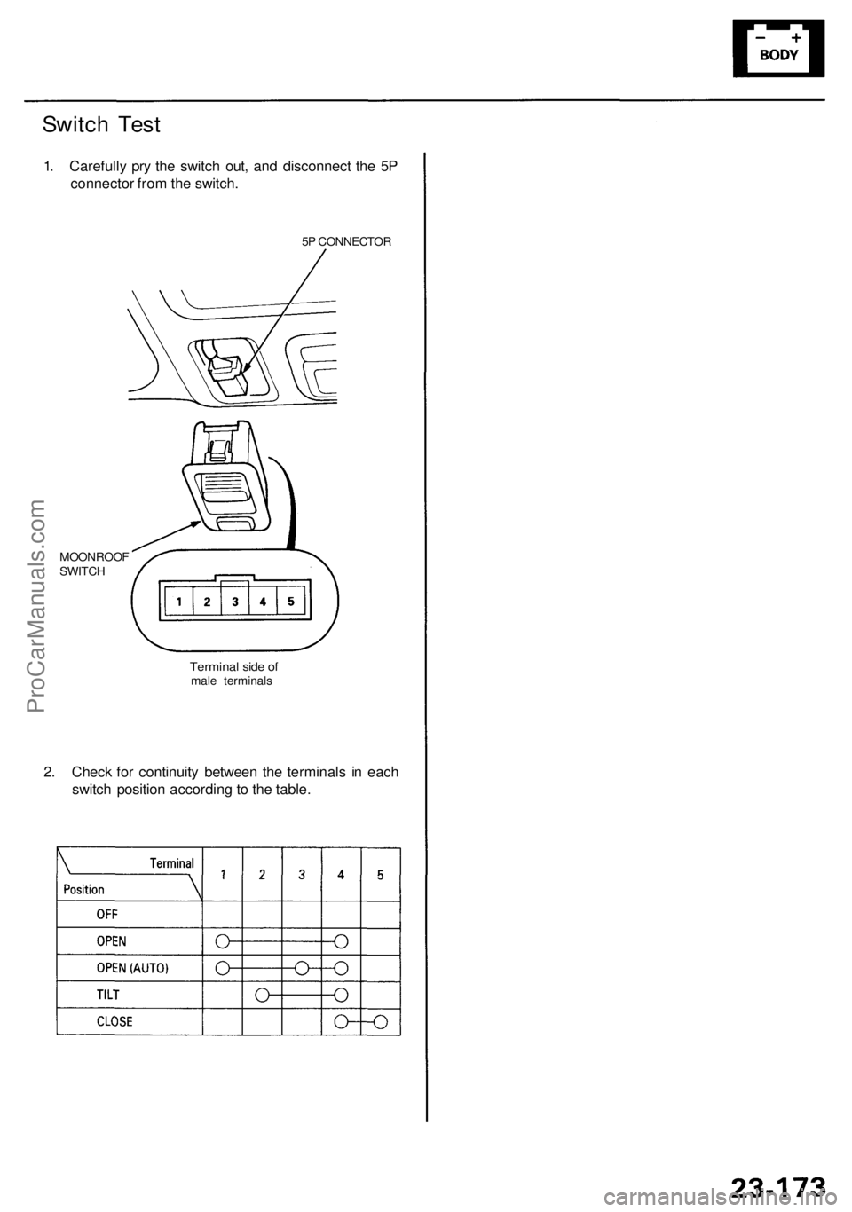 ACURA RL KA9 1996  Service Repair Manual Switch Tes t
1. Carefull y pr y th e switc h out , an d disconnec t th e 5 P
connecto r fro m th e switch .
5P  CONNECTO R
2. Chec k fo r continuit y betwee n th e terminal s i n eac h
switc h positio