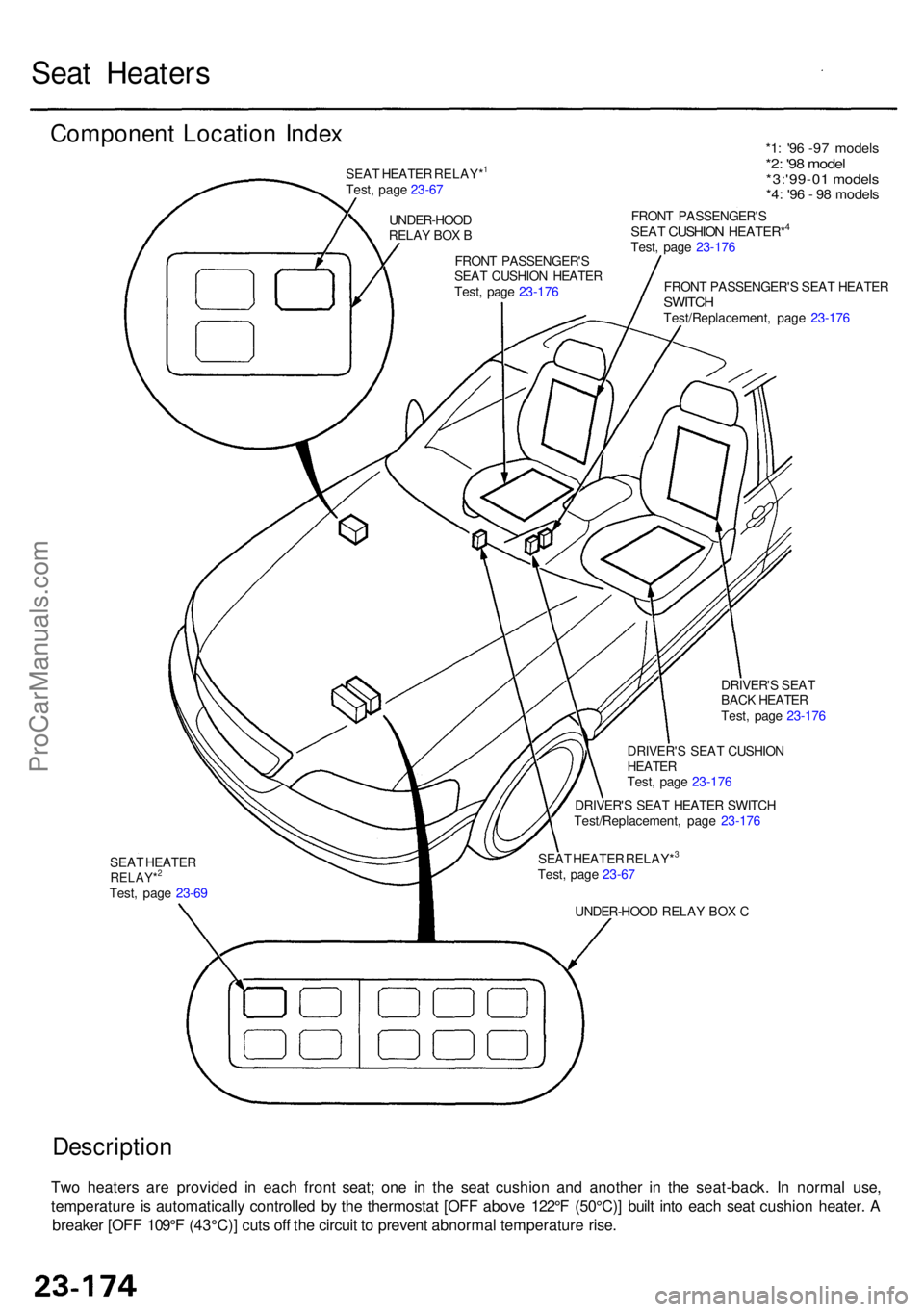 ACURA RL KA9 1996 Service Repair Manual Description
Two heater s ar e provide d i n eac h fron t seat ; on e i n th e sea t cushio n an d anothe r i n th e seat-back . I n norma l use ,
temperatur e i s automaticall y controlle d b y th e t ACURA RL KA9 1996 Service Repair Manual Description
Two heater s ar e provide d i n eac h fron t seat ; on e i n th e sea t cushio n an d anothe r i n th e seat-back . I n norma l use ,
temperatur e i s automaticall y controlle d b y th e t