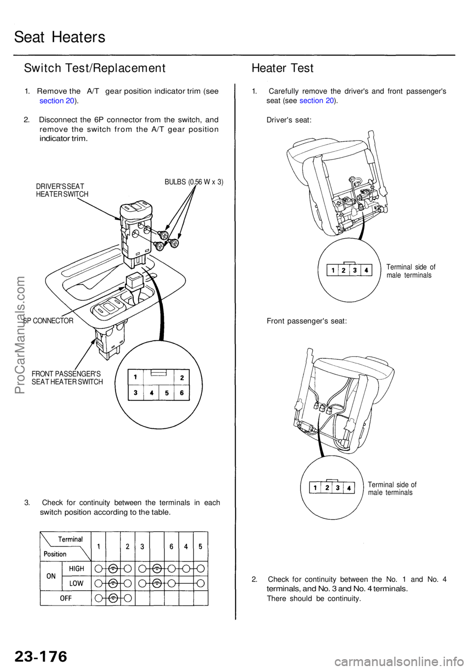 ACURA RL KA9 1996  Service Repair Manual Seat Heater s
Switch Test/Replacement
1. Remov e th e A/T  gea r positio n indicato r tri m (se e
sectio n 20 ).
2 . Disconnec t th e 6 P connecto r fro m th e switch , an d
remov e th e switc h fro m