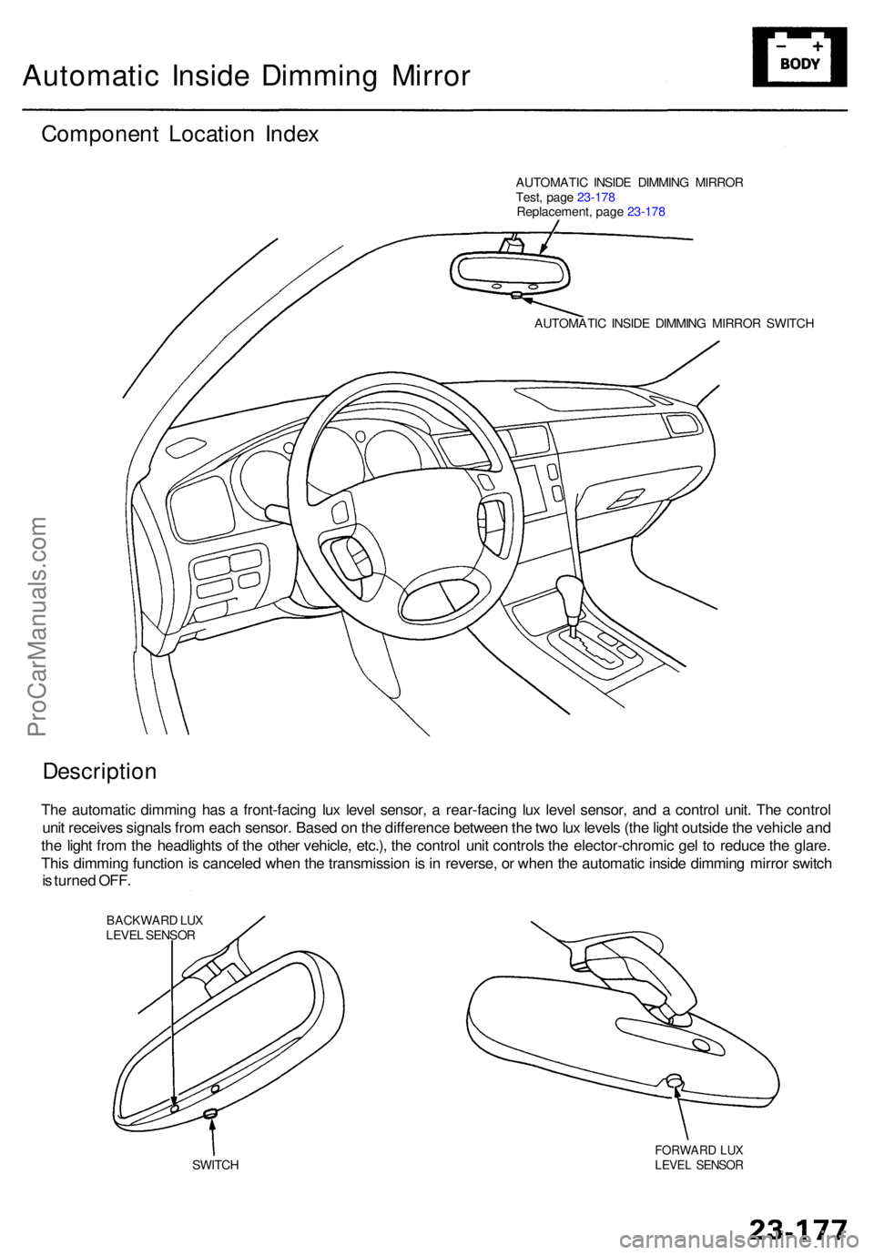 ACURA RL KA9 1996  Service Repair Manual Automatic Insid e Dimmin g Mirro r
Componen t Locatio n Inde x
AUTOMATI C INSID E DIMMIN G MIRRO R
Test , pag e 23-17 8
Replacement , pag e 23-17 8
AUTOMATI C INSID E DIMMIN G MIRRO R SWITC H
Descript