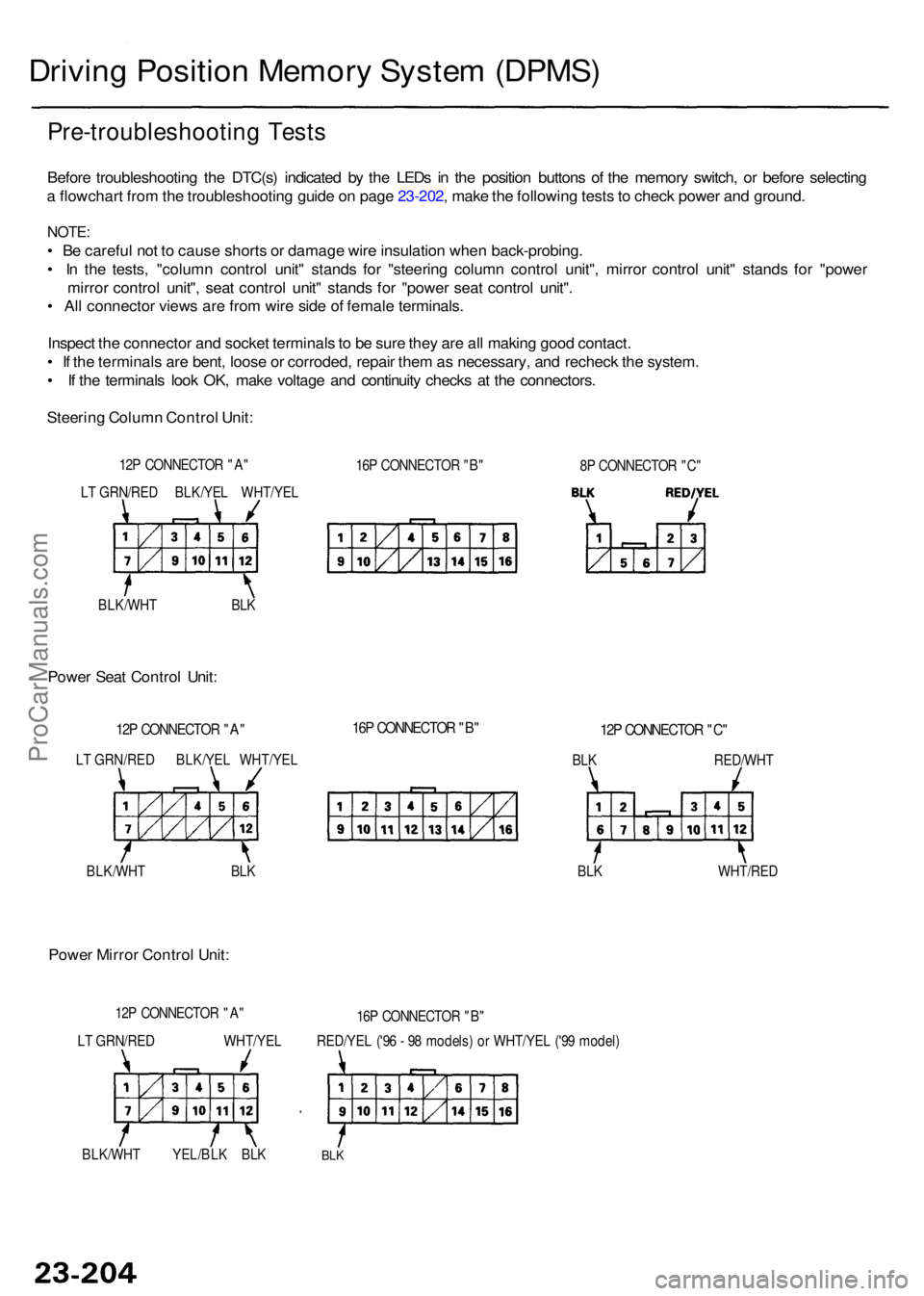 ACURA RL KA9 1996  Service Repair Manual Driving Positio n Memor y Syste m (DPMS )
12P CONNECTO R "A "
16P CONNECTO R "B "
8P  CONNECTO R "C "
Powe r Sea t Contro l Unit :
12P CONNECTO R "A "16P CONNECTO R 
