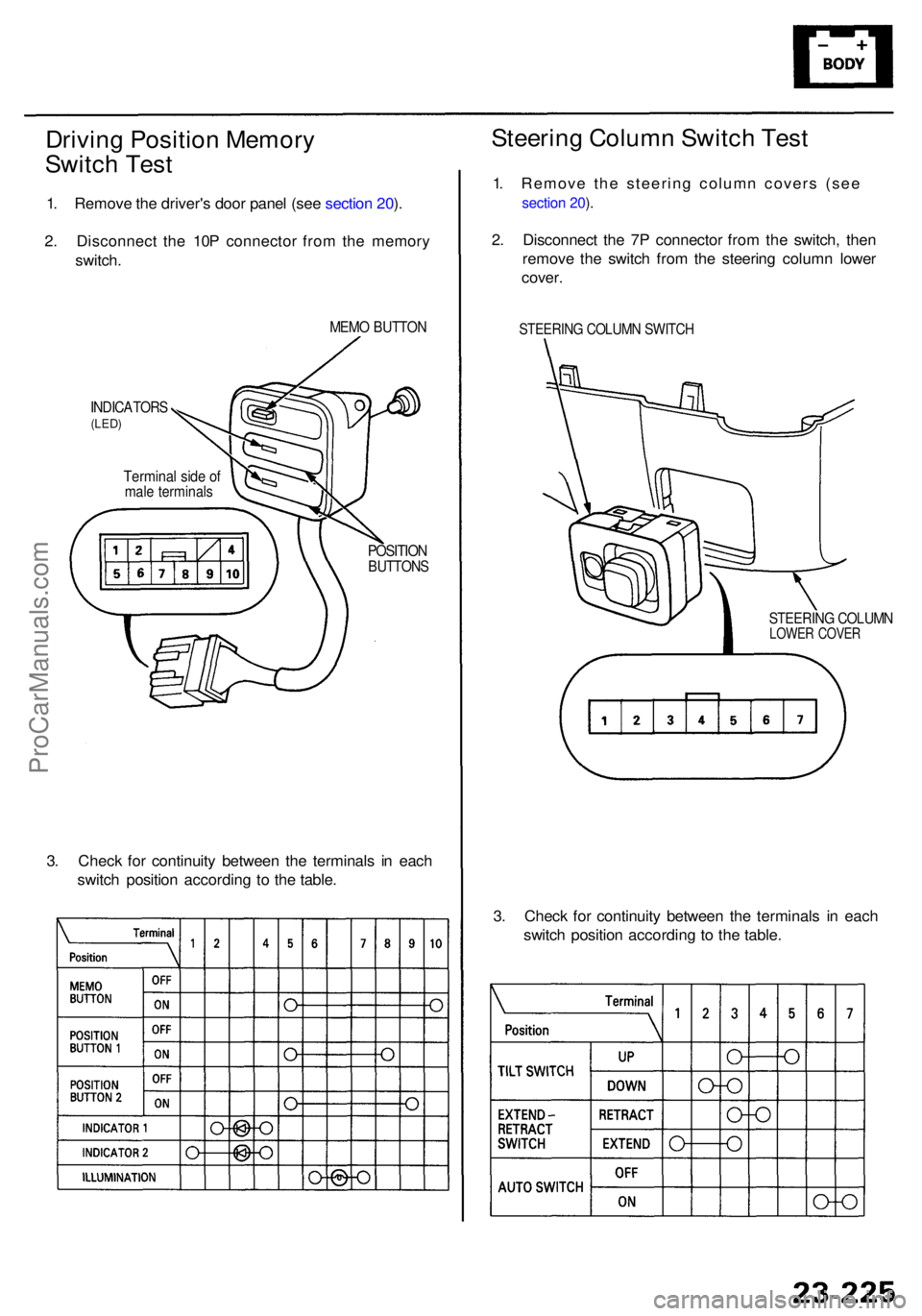 ACURA RL KA9 1996  Service Repair Manual Driving Positio n Memor y
Switc h Tes t
1. Remov e th e driver' s doo r pane l (se e sectio n 20 ).
2 . Disconnec t th e 10 P connecto r fro m th e memor y
switch .
MEMO BUTTO N
INDICATOR S(LED)
T