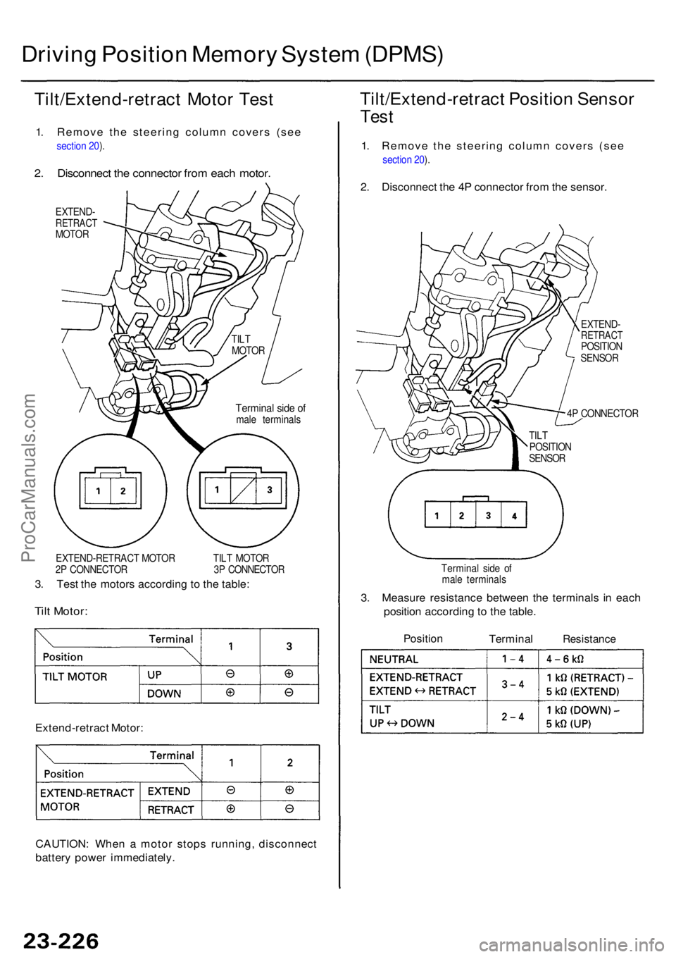 ACURA RL KA9 1996  Service Repair Manual Driving Positio n Memor y Syste m (DPMS )
Tilt/Extend-retrac t Moto r Tes t
1.  Remove  the steering  column covers (see
section 20 ).
2 . Disconnec t th e connecto r fro m eac h motor .
EXTEND -RETRA