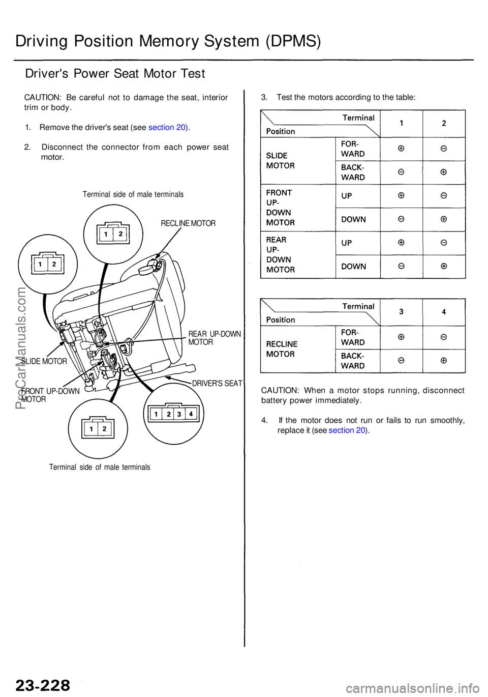 ACURA RL KA9 1996  Service Repair Manual Driving Positio n Memor y Syste m (DPMS )
Driver's Powe r Sea t Moto r Tes t
CAUTION : B e carefu l no t t o damag e th e seat , interio r
tri m or body .
1 . Remov e th e driver' s sea t (se 