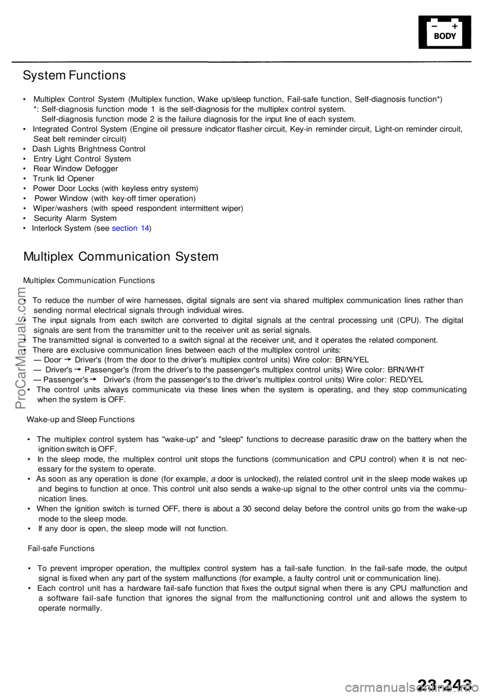 ACURA RL KA9 1996 Service Owners Manual System Function s
• Multiple x Contro l Syste m (Multiple x function , Wak e up/slee p function , Fail-saf e function , Self-diagnosi s function* )
* : Self-diagnosi s functio n mod e 1 is th e sel ACURA RL KA9 1996 Service Owners Manual System Function s
• Multiple x Contro l Syste m (Multiple x function , Wak e up/slee p function , Fail-saf e function , Self-diagnosi s function* )
* : Self-diagnosi s functio n mod e 1 is th e sel