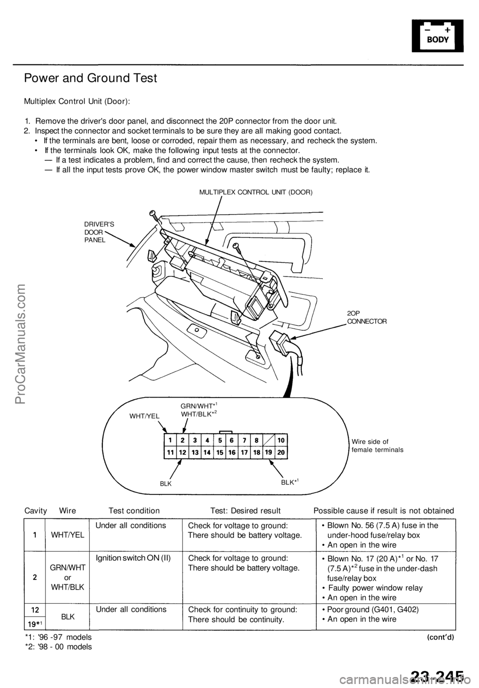 ACURA RL KA9 1996 Service Repair Manual Power an d Groun d Tes t
Multiple x Contro l Uni t (Door) :
1 . Remov e th e driver' s doo r panel , an d disconnec t th e 20 P connecto r fro m th e doo r unit .
2 . Inspec t th e connecto r an d ACURA RL KA9 1996 Service Repair Manual Power an d Groun d Tes t
Multiple x Contro l Uni t (Door) :
1 . Remov e th e driver' s doo r panel , an d disconnec t th e 20 P connecto r fro m th e doo r unit .
2 . Inspec t th e connecto r an d