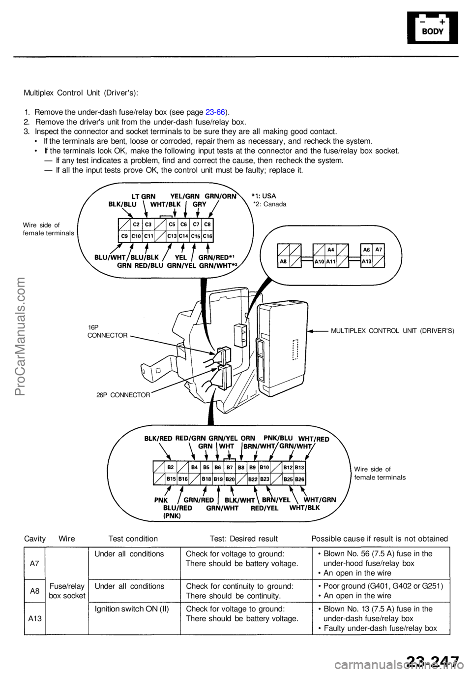 ACURA RL KA9 1996 Service Owners Manual Multiplex Contro l Uni t (Driver's) :
1 . Remov e th e under-das h fuse/rela y bo x (se e pag e 23-66 ).
2 . Remov e th e driver' s uni t fro m th e under-das h fuse/rela y box .
3 . Inspec t ACURA RL KA9 1996 Service Owners Manual Multiplex Contro l Uni t (Driver's) :
1 . Remov e th e under-das h fuse/rela y bo x (se e pag e 23-66 ).
2 . Remov e th e driver' s uni t fro m th e under-das h fuse/rela y box .
3 . Inspec t