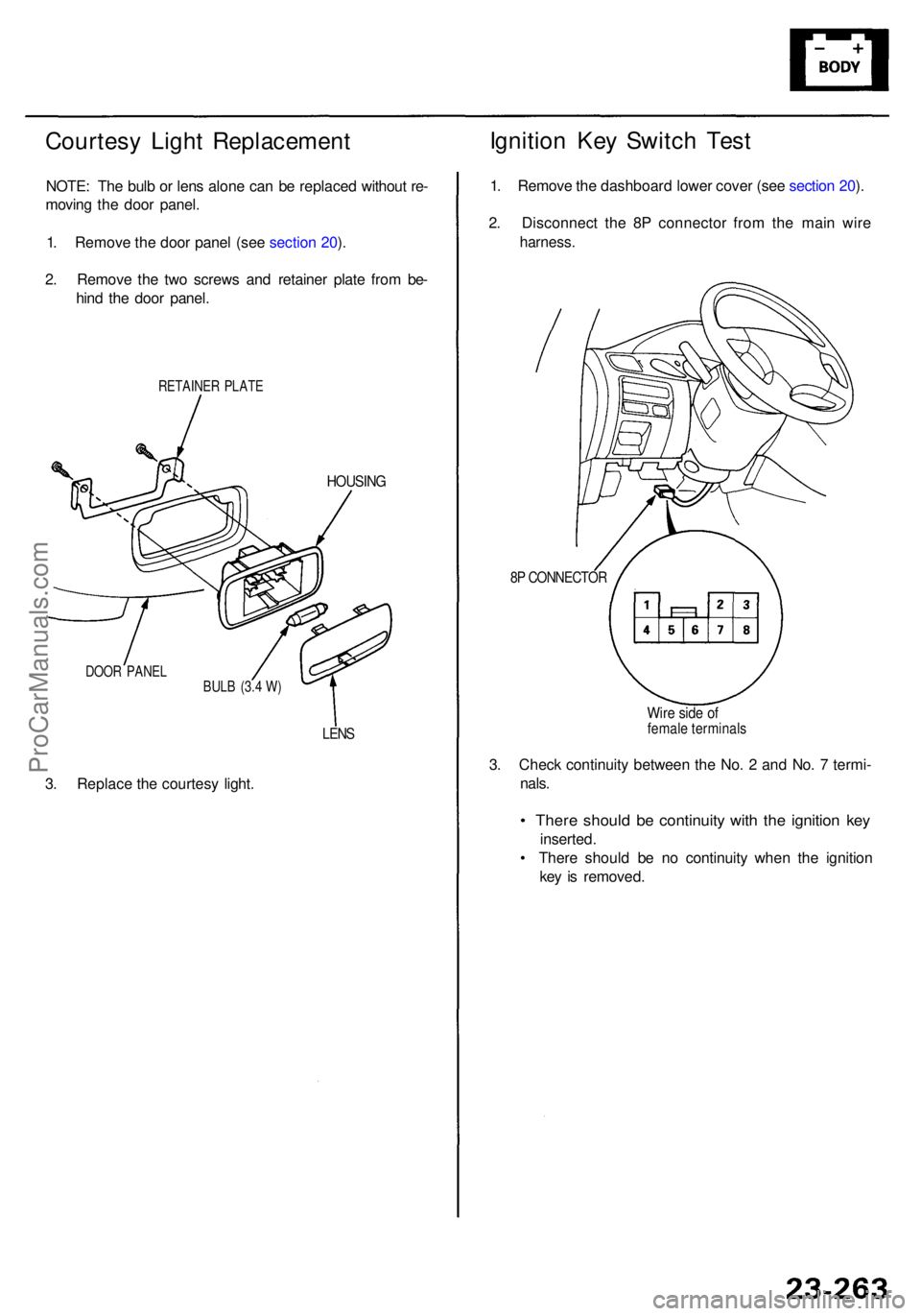 ACURA RL KA9 1996 Service Repair Manual Courtesy Ligh t Replacemen t
NOTE: Th e bul b o r len s alon e ca n b e replace d withou t re -
movin g th e doo r panel .
1 . Remov e th e doo r pane l (se e sectio n 20 ).
2 . Remov e th e tw o scre ACURA RL KA9 1996 Service Repair Manual Courtesy Ligh t Replacemen t
NOTE: Th e bul b o r len s alon e ca n b e replace d withou t re -
movin g th e doo r panel .
1 . Remov e th e doo r pane l (se e sectio n 20 ).
2 . Remov e th e tw o scre