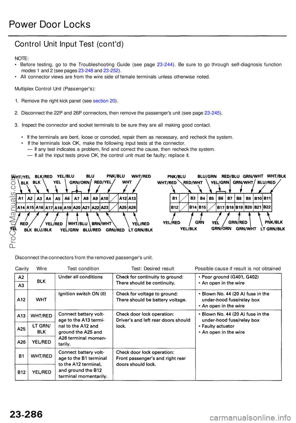 ACURA RL KA9 1996 Service Repair Manual Power Doo r Lock s
Contro l Uni t Inpu t Tes t (cont'd )
NOTE:
• Befor e testing , g o t o th e Troubleshootin g Guid e (se e pag e 23-244 ). B e sur e t o g o throug h self-diagnosi s functio ACURA RL KA9 1996 Service Repair Manual Power Doo r Lock s
Contro l Uni t Inpu t Tes t (cont'd )
NOTE:
• Befor e testing , g o t o th e Troubleshootin g Guid e (se e pag e 23-244 ). B e sur e t o g o throug h self-diagnosi s functio