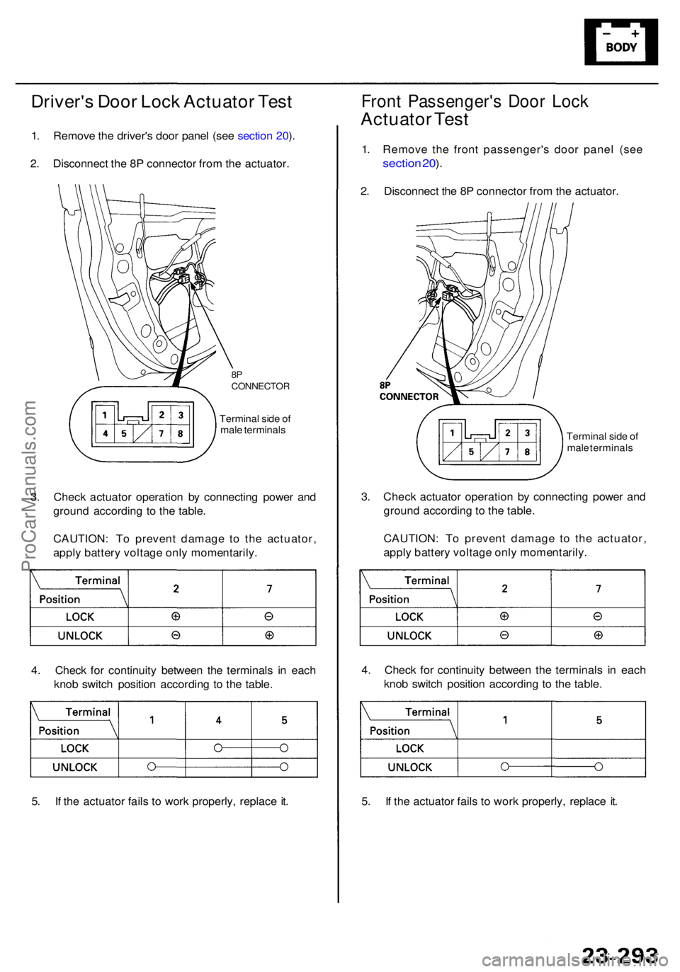 ACURA RL KA9 1996 Service Repair Manual Driver's Doo r Loc k Actuato r Tes t
1. Remov e th e driver' s doo r pane l (se e sectio n 20 ).
2 . Disconnec t th e 8 P connecto r fro m th e actuator .
Front Passenger' s Doo r Loc k
Ac ACURA RL KA9 1996 Service Repair Manual Driver's Doo r Loc k Actuato r Tes t
1. Remov e th e driver' s doo r pane l (se e sectio n 20 ).
2 . Disconnec t th e 8 P connecto r fro m th e actuator .
Front Passenger' s Doo r Loc k
Ac