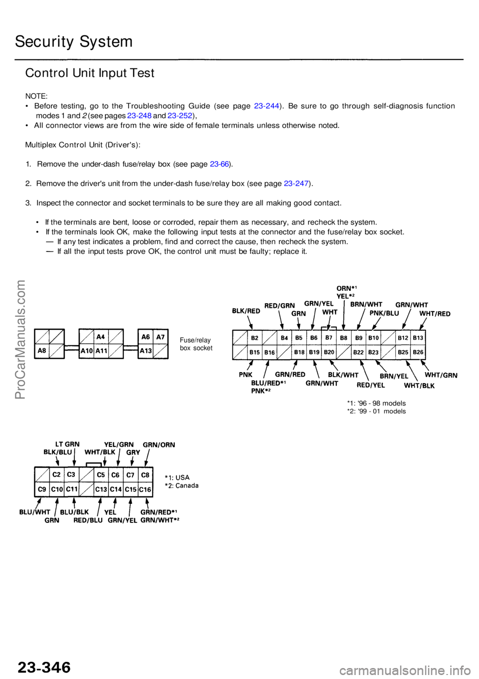 ACURA RL KA9 1996 Service Repair Manual Security Syste m
Contro l Uni t Inpu t Tes t
NOTE :
• Befor e testing , g o t o th e Troubleshootin g Guid e (se e pag e 23-244 ). B e sur e t o g o throug h self-diagnosi s functio n
mode s 1 an d ACURA RL KA9 1996 Service Repair Manual Security Syste m
Contro l Uni t Inpu t Tes t
NOTE :
• Befor e testing , g o t o th e Troubleshootin g Guid e (se e pag e 23-244 ). B e sur e t o g o throug h self-diagnosi s functio n
mode s 1 an d