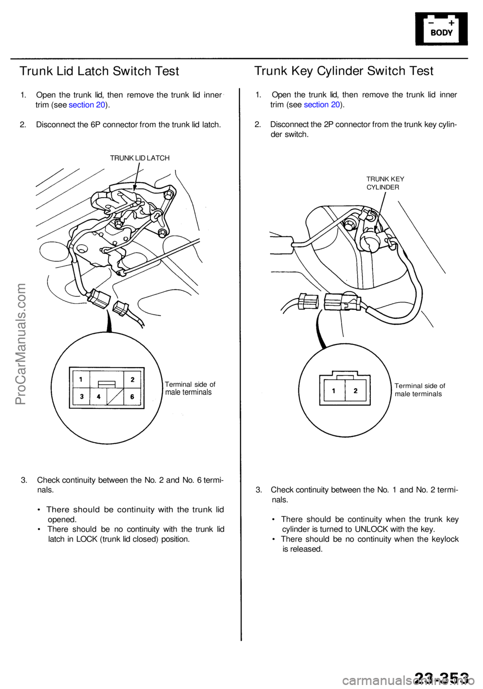 ACURA RL KA9 1996  Service Owners Guide Trunk Li d Latc h Switc h Tes t
1. Ope n th e trun k lid , the n remov e th e trun k li d inne r
tri m  (se e sectio n 20 ).
2 . Disconnec t th e 6 P connecto r fro m th e trun k li d latch .
3 . Chec