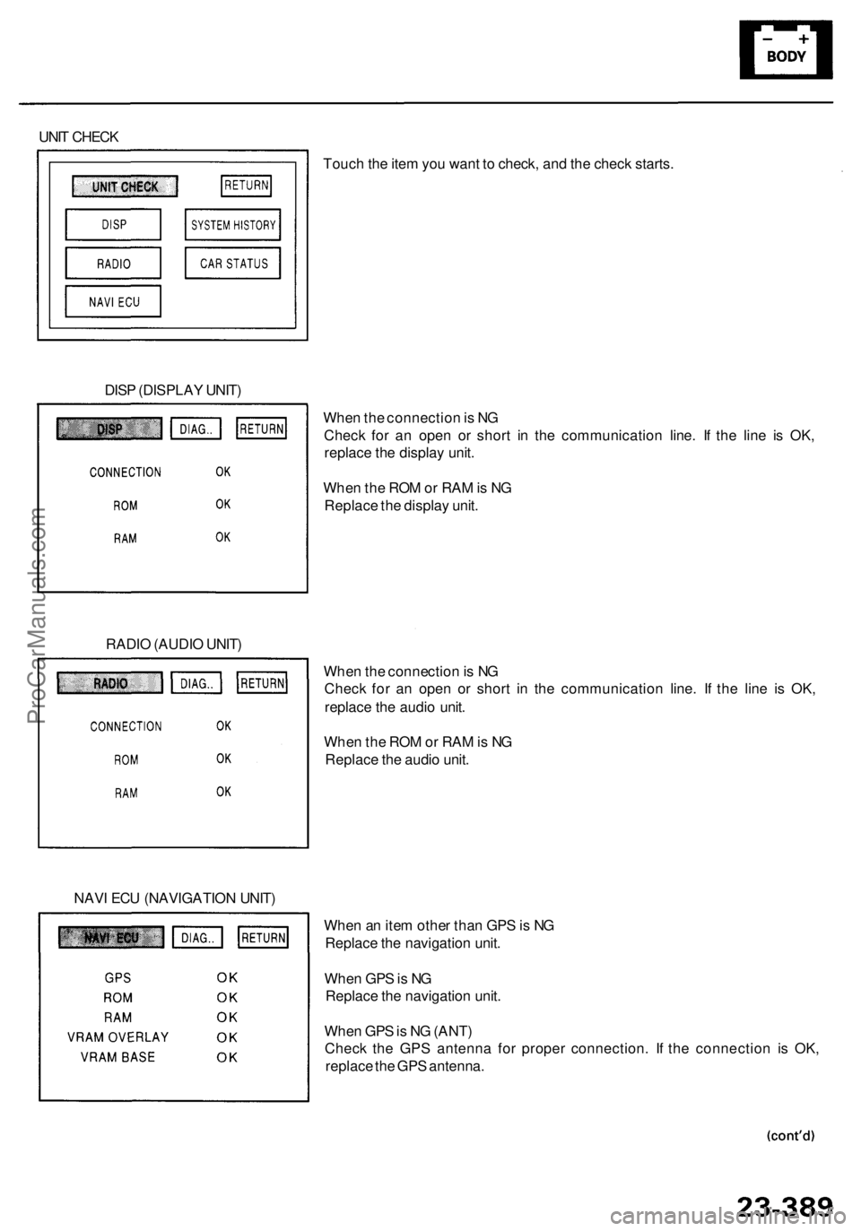 ACURA RL KA9 1996  Service Repair Manual UNIT CHEC K
Touch th e ite m yo u wan t t o  check , an d th e chec k starts .
Whe n th e connectio n is  N G
Chec k fo r a n ope n o r shor t i n th e communicatio n line . I f th e lin e i s OK ,
re