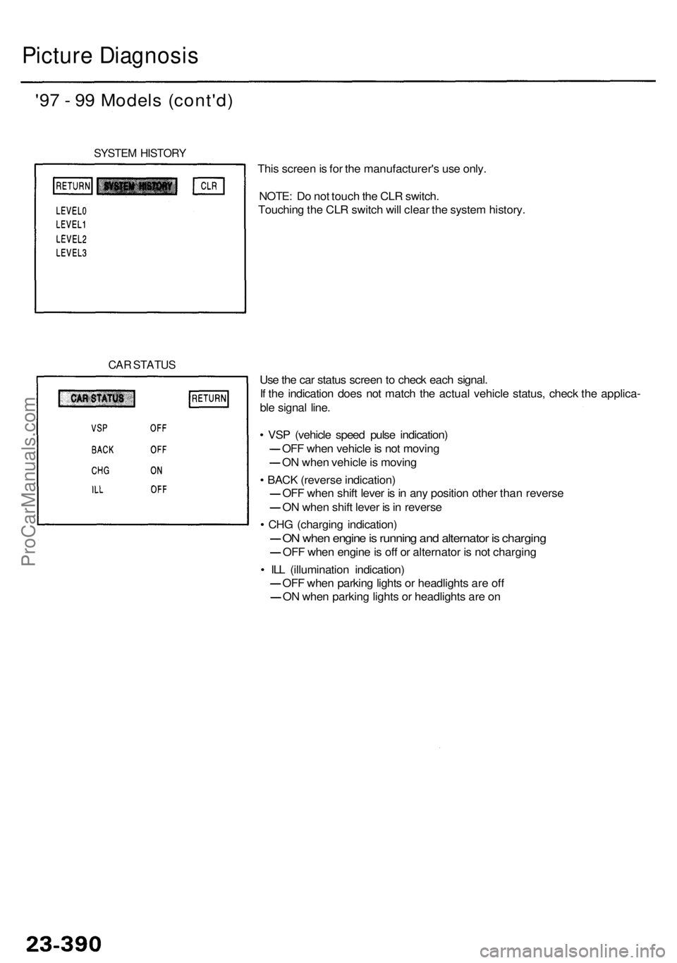 ACURA RL KA9 1996  Service Repair Manual Picture Diagnosi s
'97 - 99  Models  (cont'd)
SYSTEM HISTOR Y
This scree n is  fo r th e manufacturer' s us e only .
NOTE : D o no t touc h th e CL R switch .
Touchin g th e CL R switc h w