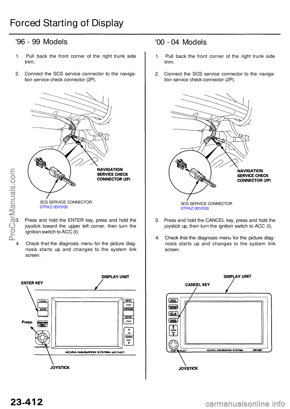 ACURA RL KA9 1996  Service Owners Guide Forced Startin g o f Displa y
'96 -  9 9 Model s
1. Pul l bac k th e fron t corne r o f th e righ t trun k sid e
trim.
2. Connec t th e SC S servic e connecto r t o th e naviga -
tio n servic e ch
