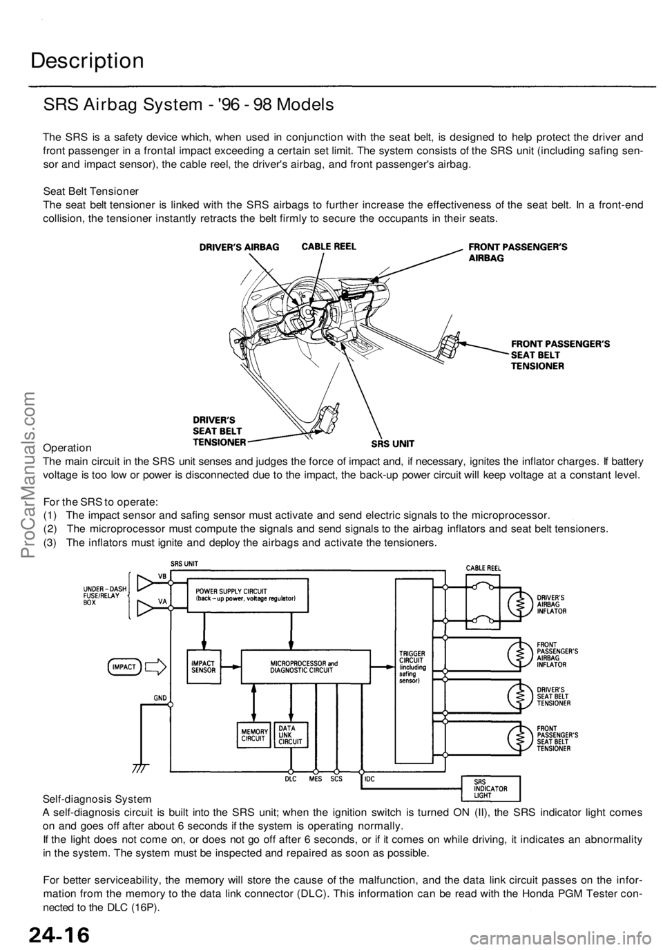 ACURA RL KA9 1996 Service User Guide
Description
SRS Airbag System - '96 - 98 Models
The SRS is a safety device which, when used in conjunction with the seat belt, is designed to help protect the driver and
front passenger in a f ACURA RL KA9 1996 Service User Guide
Description
SRS Airbag System - '96 - 98 Models
The SRS is a safety device which, when used in conjunction with the seat belt, is designed to help protect the driver and
front passenger in a f
