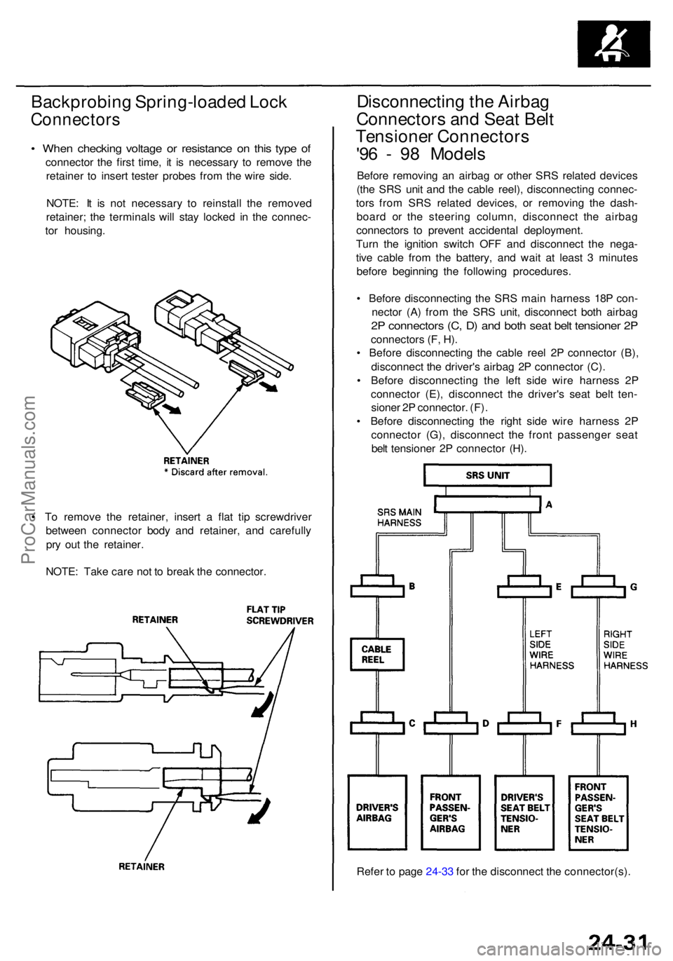 ACURA RL KA9 1996 Service Repair Manual Backprobing Spring-loade d Loc k
Connector s
• Whe n checkin g voltag e o r resistanc e o n thi s typ e o f
connecto r th e firs t time , i t i s necessar y t o remov e th e
retaine r t o inser t te ACURA RL KA9 1996 Service Repair Manual Backprobing Spring-loade d Loc k
Connector s
• Whe n checkin g voltag e o r resistanc e o n thi s typ e o f
connecto r th e firs t time , i t i s necessar y t o remov e th e
retaine r t o inser t te
