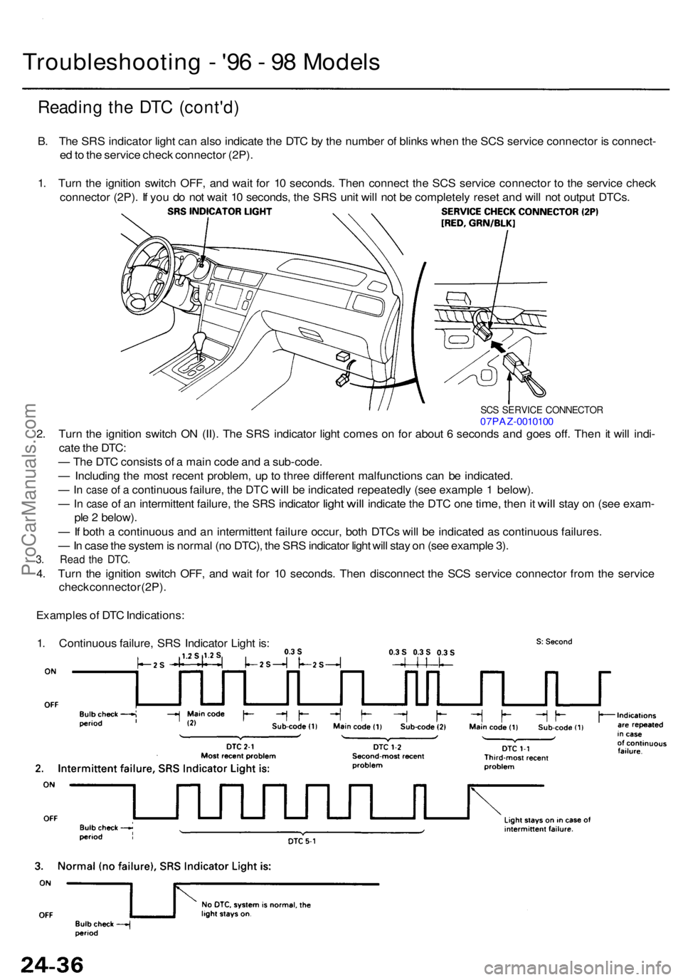 ACURA RL KA9 1996 Service Repair Manual Troubleshooting - '9 6 - 9 8 Model s
Readin g th e DT C (cont'd )
B. Th e SR S indicato r ligh t ca n als o indicat e th e DT C b y th e numbe r o f blink s whe n th e SC S servic e connecto ACURA RL KA9 1996 Service Repair Manual Troubleshooting - '9 6 - 9 8 Model s
Readin g th e DT C (cont'd )
B. Th e SR S indicato r ligh t ca n als o indicat e th e DT C b y th e numbe r o f blink s whe n th e SC S servic e connecto