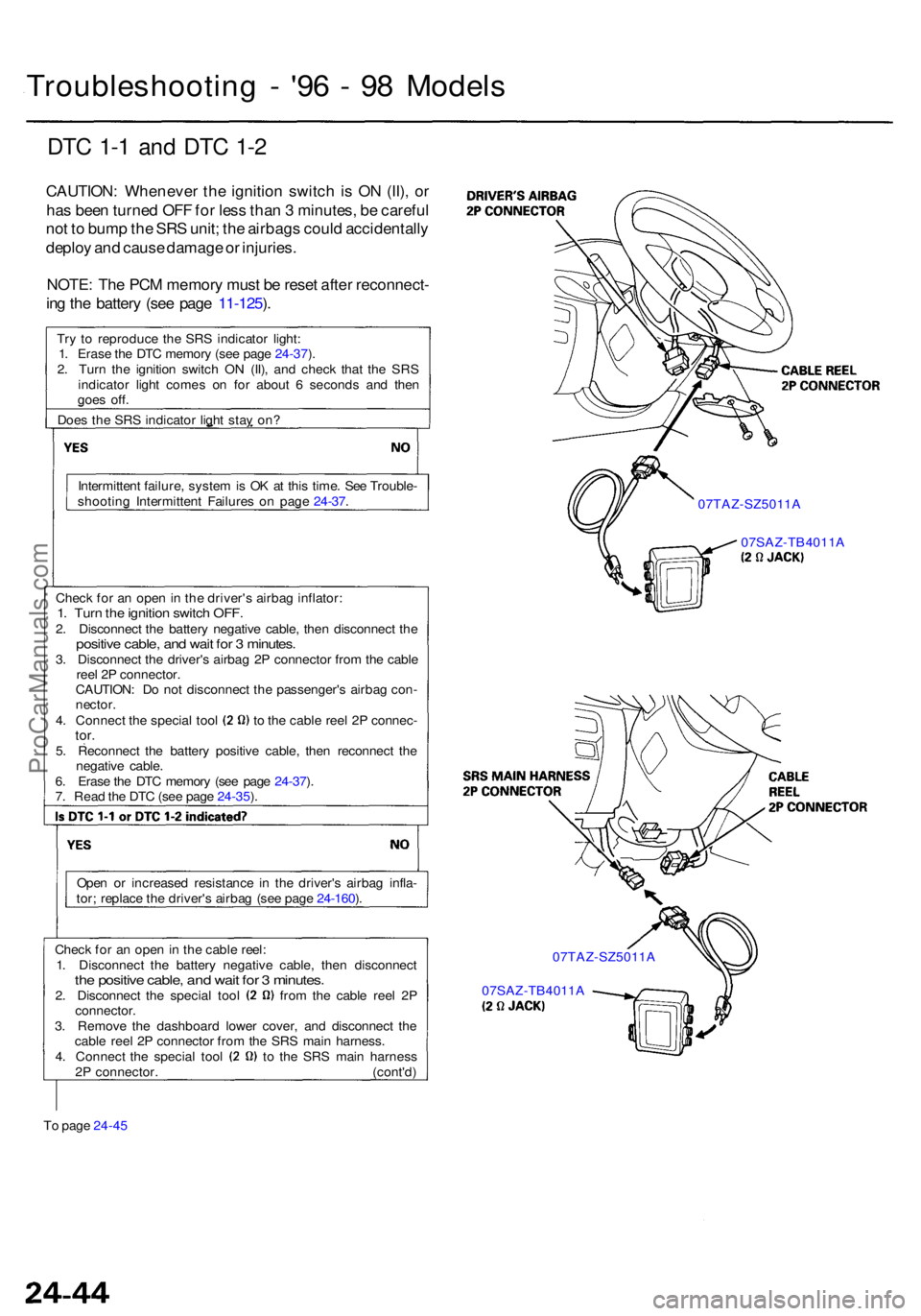 ACURA RL KA9 1996 Service Repair Manual Troubleshooting - '9 6 - 9 8 Model s
DTC 1- 1 an d DT C 1- 2
CAUTION : Wheneve r th e ignitio n switc h is O N (II) , o r
ha s bee n turne d OF F fo r les s tha n 3 minutes , b e carefu l
no t ACURA RL KA9 1996 Service Repair Manual Troubleshooting - '9 6 - 9 8 Model s
DTC 1- 1 an d DT C 1- 2
CAUTION : Wheneve r th e ignitio n switc h is O N (II) , o r
ha s bee n turne d OF F fo r les s tha n 3 minutes , b e carefu l
no t