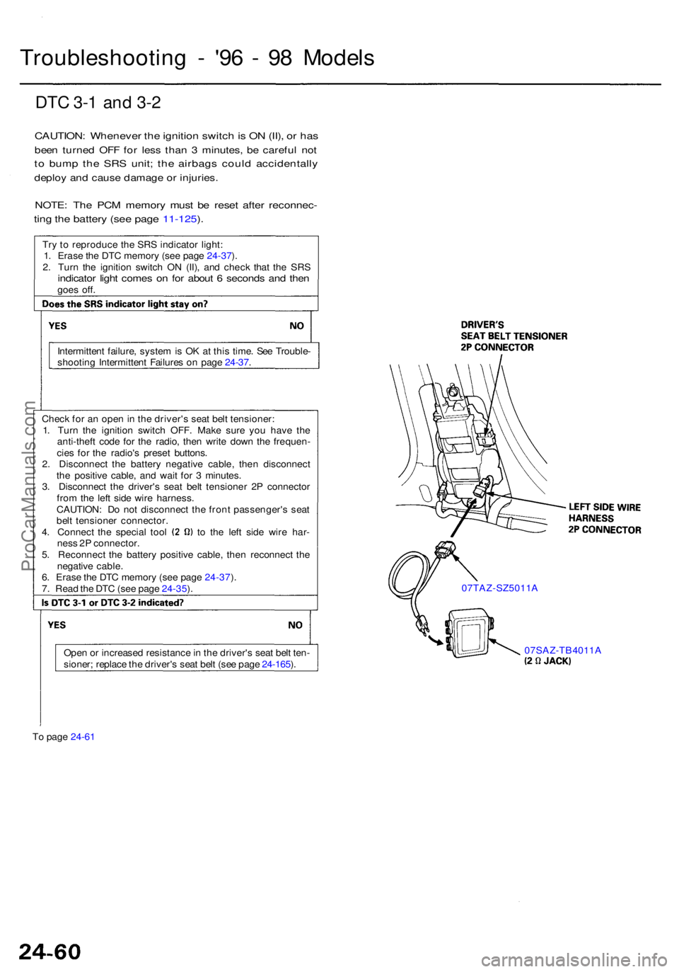 ACURA RL KA9 1996 Service Repair Manual Troubleshooting - '9 6 - 9 8 Model s
DTC 3- 1 an d 3- 2
CAUTION : Wheneve r th e ignitio n switc h is O N (II) , o r ha s
bee n turne d OF F fo r les s tha n 3 minutes , b e carefu l no t
to ACURA RL KA9 1996 Service Repair Manual Troubleshooting - '9 6 - 9 8 Model s
DTC 3- 1 an d 3- 2
CAUTION : Wheneve r th e ignitio n switc h is O N (II) , o r ha s
bee n turne d OF F fo r les s tha n 3 minutes , b e carefu l no t
to