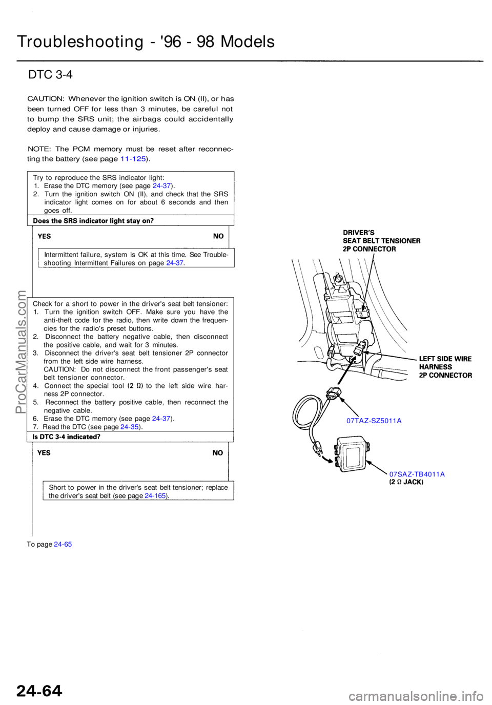ACURA RL KA9 1996 Service Repair Manual DTC 3- 4
CAUTION : Wheneve r th e ignitio n switc h is O N (II) , o r ha s
bee n turne d OF F fo r les s tha n 3 minutes , b e carefu l no t
to bum p th e SR S unit ; th e airbag s coul d accidenta ACURA RL KA9 1996 Service Repair Manual DTC 3- 4
CAUTION : Wheneve r th e ignitio n switc h is O N (II) , o r ha s
bee n turne d OF F fo r les s tha n 3 minutes , b e carefu l no t
to bum p th e SR S unit ; th e airbag s coul d accidenta