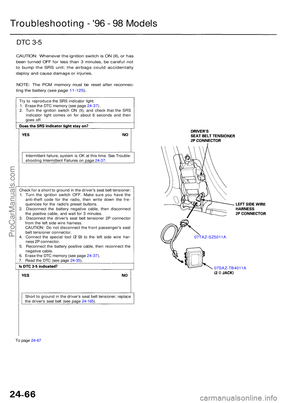 ACURA RL KA9 1996 Service Repair Manual DTC 3- 5
CAUTION : Wheneve r th e ignitio n switc h is O N (II) , o r ha s
bee n turne d OF F fo r les s tha n 3 minutes , b e carefu l no t
to bum p th e SR S unit ; th e airbag s coul d accidenta ACURA RL KA9 1996 Service Repair Manual DTC 3- 5
CAUTION : Wheneve r th e ignitio n switc h is O N (II) , o r ha s
bee n turne d OF F fo r les s tha n 3 minutes , b e carefu l no t
to bum p th e SR S unit ; th e airbag s coul d accidenta