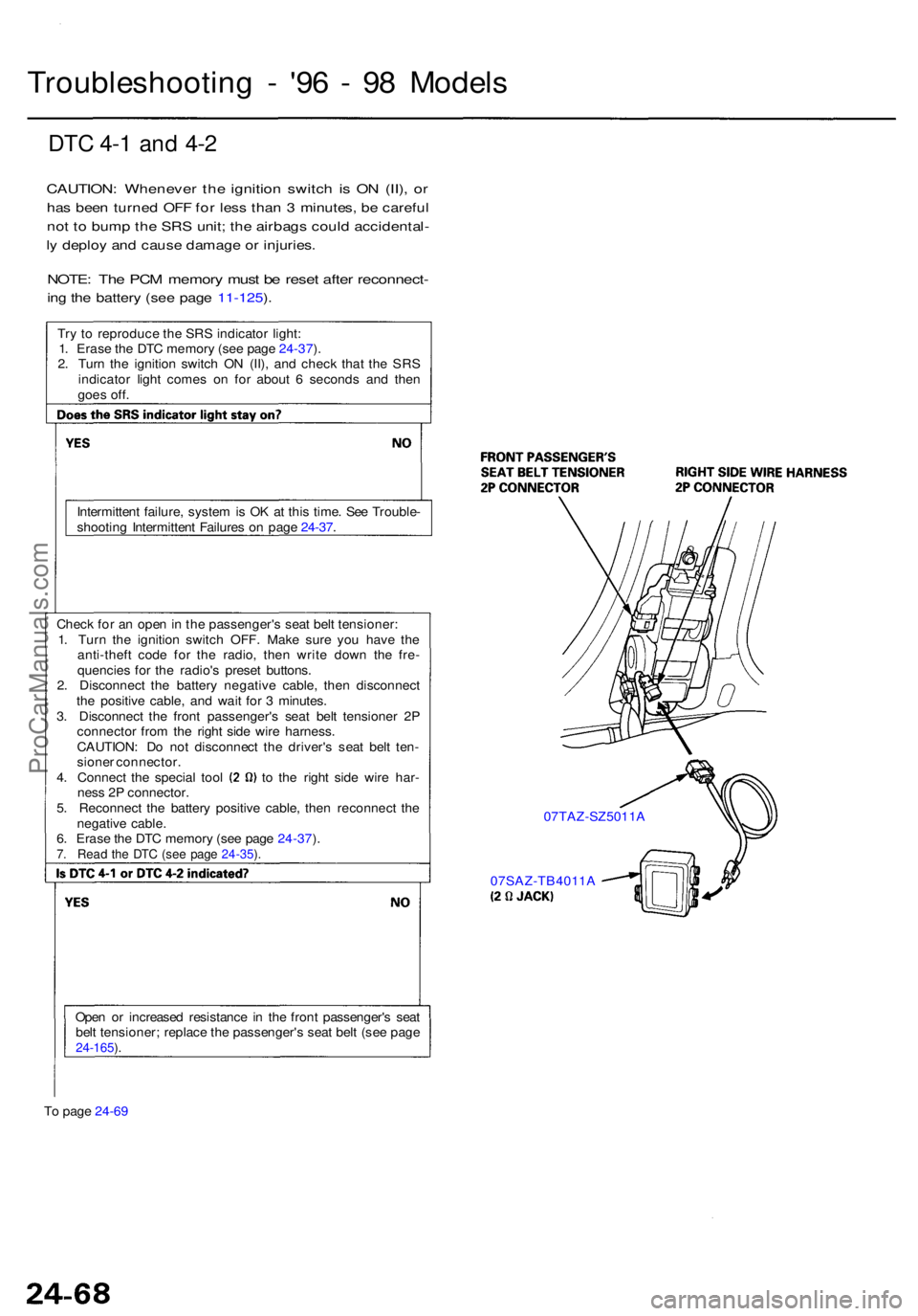 ACURA RL KA9 1996 Service Repair Manual To pag e 24-6 9
Ope
n o r increase d resistanc e i n th e fron t passenger' s sea t
bel t tensioner ; replac e th e passenger' s sea t bel t (se e pag e
24-165 ).
07SAZ-TB4011 A
07TAZ-SZ5011
ACURA RL KA9 1996 Service Repair Manual To pag e 24-6 9
Ope
n o r increase d resistanc e i n th e fron t passenger' s sea t
bel t tensioner ; replac e th e passenger' s sea t bel t (se e pag e
24-165 ).
07SAZ-TB4011 A
07TAZ-SZ5011