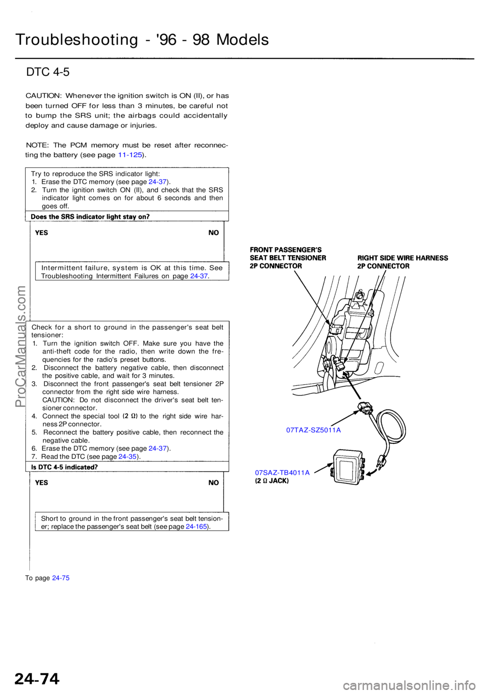 ACURA RL KA9 1996 Service Repair Manual Troubleshooting - '9 6 - 9 8 Model s
DTC 4- 5
CAUTION : Wheneve r th e ignitio n switc h is O N (II) , o r ha s
bee n turne d OF F fo r les s tha n 3 minutes , b e carefu l no t
to bum p th e ACURA RL KA9 1996 Service Repair Manual Troubleshooting - '9 6 - 9 8 Model s
DTC 4- 5
CAUTION : Wheneve r th e ignitio n switc h is O N (II) , o r ha s
bee n turne d OF F fo r les s tha n 3 minutes , b e carefu l no t
to bum p th e