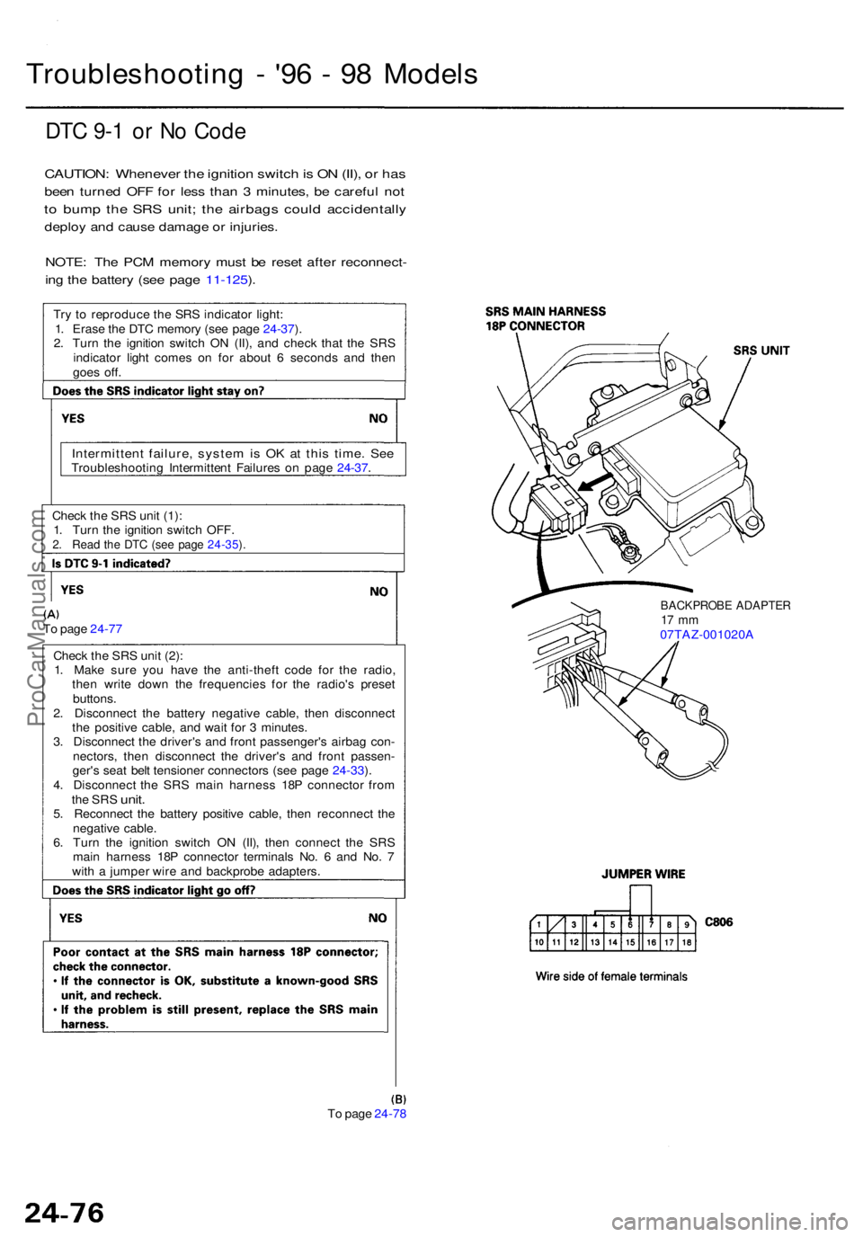 ACURA RL KA9 1996 Service Repair Manual DTC 9- 1 o r N o Cod e
CAUTION : Wheneve r th e ignitio n switc h is O N (II) , o r ha s
bee n turne d OF F fo r les s tha n 3 minutes , b e carefu l no t
to bum p th e SR S unit ; th e airbag s co ACURA RL KA9 1996 Service Repair Manual DTC 9- 1 o r N o Cod e
CAUTION : Wheneve r th e ignitio n switc h is O N (II) , o r ha s
bee n turne d OF F fo r les s tha n 3 minutes , b e carefu l no t
to bum p th e SR S unit ; th e airbag s co