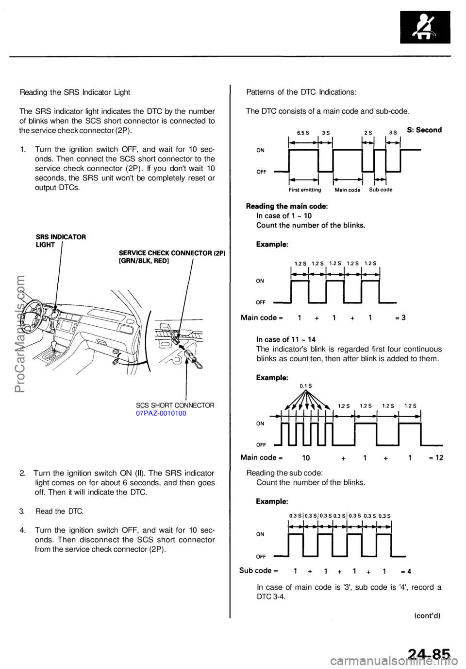 ACURA RL KA9 1996 Service Repair Manual Reading th e SR S Indicato r Ligh t
Th e SR S indicato r ligh t indicate s th e DT C b y th e numbe r
o f blink s whe n th e SC S shor t connecto r i s connecte d t o
th e servic e chec k connecto r ( ACURA RL KA9 1996 Service Repair Manual Reading th e SR S Indicato r Ligh t
Th e SR S indicato r ligh t indicate s th e DT C b y th e numbe r
o f blink s whe n th e SC S shor t connecto r i s connecte d t o
th e servic e chec k connecto r (