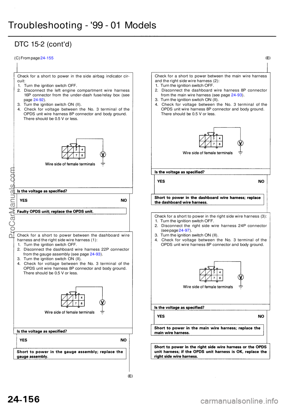 ACURA RL KA9 1996 Service Repair Manual Troubleshooting - '9 9 - 0 1 Model s
DTC 15- 2 (cont'd )
(C) Fro m pag e 24-15 5
Chec k fo r a shor t t o powe r i n th e sid e airba g indicato r cir -
cuit :1. Tur n th e ignitio n switc h ACURA RL KA9 1996 Service Repair Manual Troubleshooting - '9 9 - 0 1 Model s
DTC 15- 2 (cont'd )
(C) Fro m pag e 24-15 5
Chec k fo r a shor t t o powe r i n th e sid e airba g indicato r cir -
cuit :1. Tur n th e ignitio n switc h