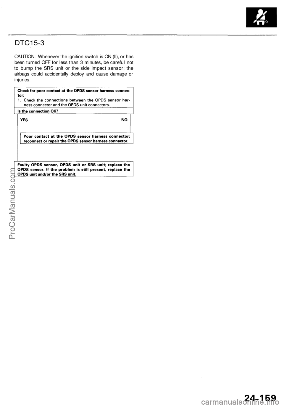 ACURA RL KA9 1996 Service Repair Manual
DTC15-3
CAUTION: Whenever the ignition switch is ON (II), or has
been turned OFF for less than 3 minutes, be careful not
to bump the SRS unit or the side impact sensor; the
airbags could accident ACURA RL KA9 1996 Service Repair Manual
DTC15-3
CAUTION: Whenever the ignition switch is ON (II), or has
been turned OFF for less than 3 minutes, be careful not
to bump the SRS unit or the side impact sensor; the
airbags could accident