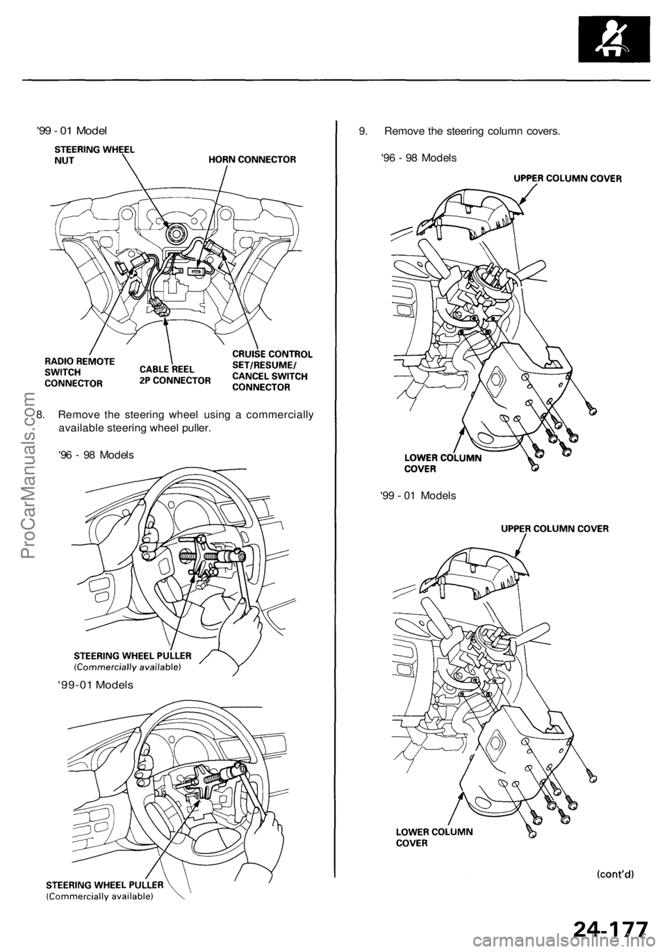 ACURA RL KA9 1996 Service Repair Manual
'99-01 Models
'99 - 01 Models
8. Remove the steering wheel using a commercially
available steering wheel puller.
'96 - 98 Models
'99 - 01 Model
9. Remove the steering column cover ACURA RL KA9 1996 Service Repair Manual
'99-01 Models
'99 - 01 Models
8. Remove the steering wheel using a commercially
available steering wheel puller.
'96 - 98 Models
'99 - 01 Model
9. Remove the steering column cover
