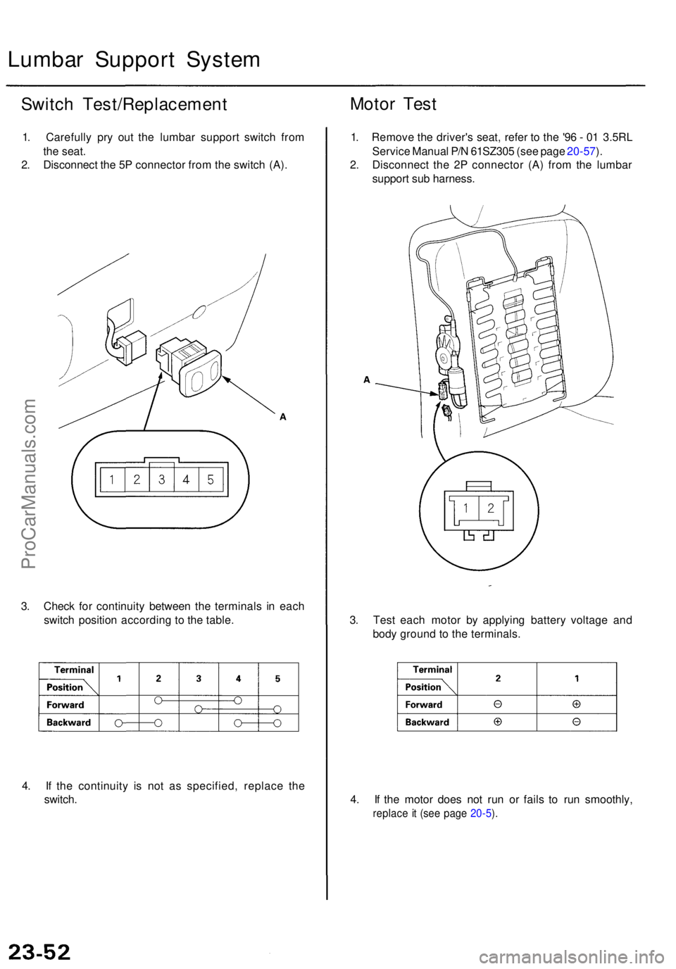 ACURA RL KA9 1996  Service Repair Manual Lumbar Suppor t Syste m
Switch Test/Replacemen t
1. Carefull y pr y ou t th e lumba r suppor t switc h fro m
th e seat .
2 . Disconnec t th e 5 P connecto r fro m th e switc h (A) .
3 . Chec k fo r co