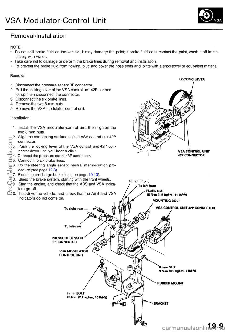 ACURA RL KA9 1996 Service Owners Manual VSA Modulator-Contro l Uni t
Removal/Installatio n
NOTE:
• D o no t spil l brak e flui d o n th e vehicle ; i t ma y damag e th e paint ; i f brak e flui d doe s contac t th e paint , was h i t of f ACURA RL KA9 1996 Service Owners Manual VSA Modulator-Contro l Uni t
Removal/Installatio n
NOTE:
• D o no t spil l brak e flui d o n th e vehicle ; i t ma y damag e th e paint ; i f brak e flui d doe s contac t th e paint , was h i t of f