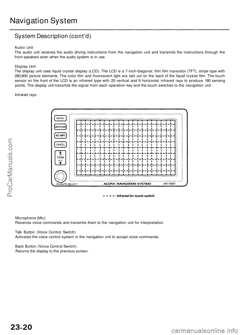 ACURA RL KA9 1996 Service User Guide
Navigation System
System Description (cont'd)
Audio Unit
The audio unit receives the audio driving instructions from the navigation unit and transmits the instructions through the
front speak ACURA RL KA9 1996 Service User Guide
Navigation System
System Description (cont'd)
Audio Unit
The audio unit receives the audio driving instructions from the navigation unit and transmits the instructions through the
front speak