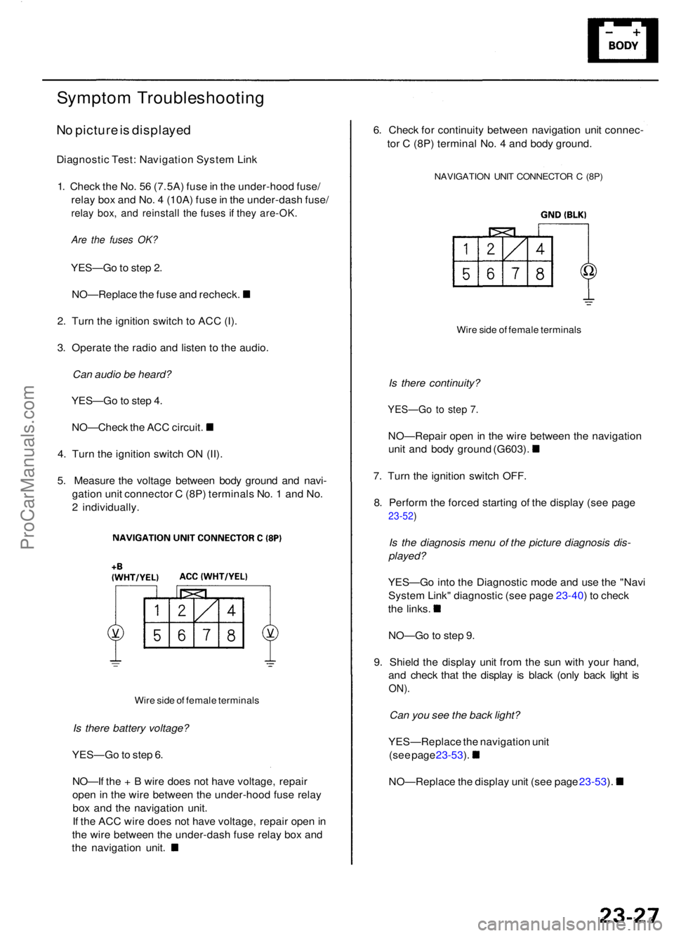 ACURA RL KA9 1996 Service User Guide Symptom Troubleshootin g
No pictur e is displaye d
Diagnosti c Test : Navigatio n Syste m Lin k
1 . Chec k th e No . 5 6 (7.5A ) fus e in th e under-hoo d fuse /
rela y bo x an d No . 4 (10A ) fus ACURA RL KA9 1996 Service User Guide Symptom Troubleshootin g
No pictur e is displaye d
Diagnosti c Test : Navigatio n Syste m Lin k
1 . Chec k th e No . 5 6 (7.5A ) fus e in th e under-hoo d fuse /
rela y bo x an d No . 4 (10A ) fus