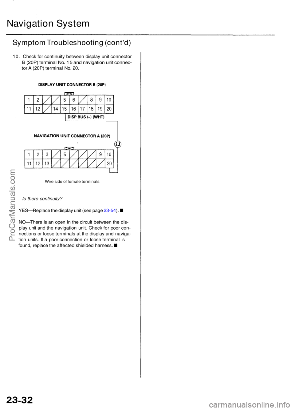 ACURA RL KA9 1996 Service Owners Manual Navigation Syste m
Sympto m Troubleshootin g (cont'd )
10. Chec k fo r continuit y betwee n displa y uni t connecto r
B (20P ) termina l No . 1 5 an d navigatio n uni t connec -
tor A (20P ) term ACURA RL KA9 1996 Service Owners Manual Navigation Syste m
Sympto m Troubleshootin g (cont'd )
10. Chec k fo r continuit y betwee n displa y uni t connecto r
B (20P ) termina l No . 1 5 an d navigatio n uni t connec -
tor A (20P ) term