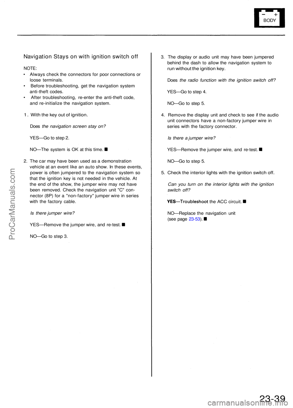 ACURA RL KA9 1996 Service Owners Manual +
BODY
Navigatio n Stay s o n wit h ignitio n switc h of f
NOTE :
• Alway s chec k th e connector s fo r poo r connection s o r
loos e terminals .
• Befor e troubleshooting , ge t th e navigatio ACURA RL KA9 1996 Service Owners Manual +
BODY
Navigatio n Stay s o n wit h ignitio n switc h of f
NOTE :
• Alway s chec k th e connector s fo r poo r connection s o r
loos e terminals .
• Befor e troubleshooting , ge t th e navigatio