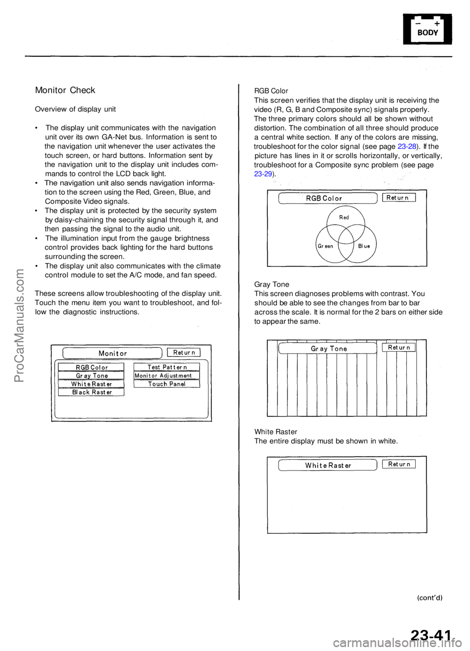 ACURA RL KA9 1996  Service Repair Manual Monitor Chec k
Overvie w o f displa y uni t
•  Th e displa y uni t communicate s wit h th e navigatio n
uni t ove r it s ow n GA-Ne t bus . Informatio n i s sen t t o
th e navigatio n uni t wheneve 