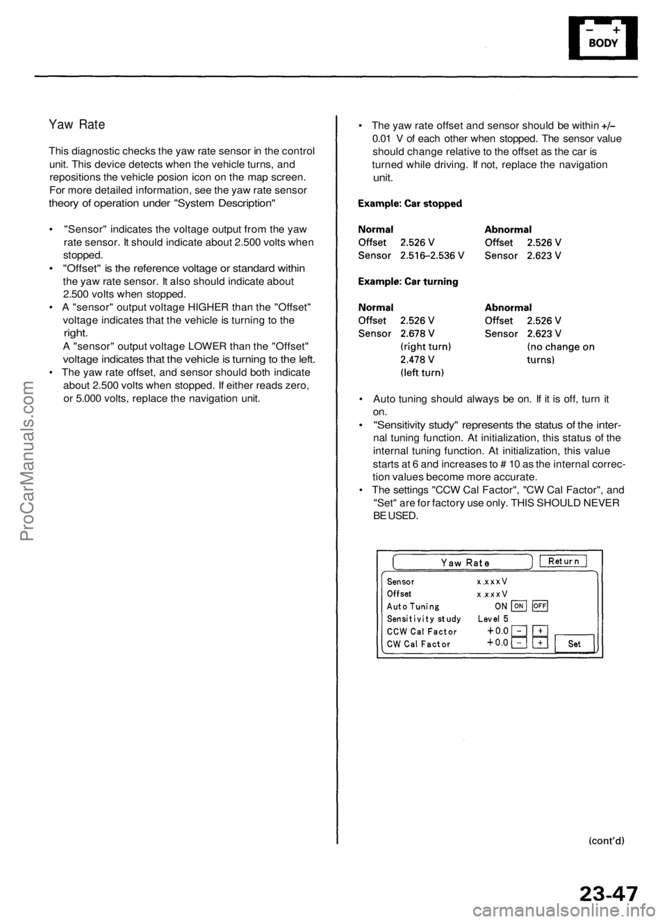 ACURA RL KA9 1996 Service Owners Manual
Yaw Rate
This diagnostic checks the yaw rate sensor in the control
unit. This device detects when the vehicle turns, and
repositions the vehicle posion icon on the map screen.
For more detailed i ACURA RL KA9 1996 Service Owners Manual
Yaw Rate
This diagnostic checks the yaw rate sensor in the control
unit. This device detects when the vehicle turns, and
repositions the vehicle posion icon on the map screen.
For more detailed i