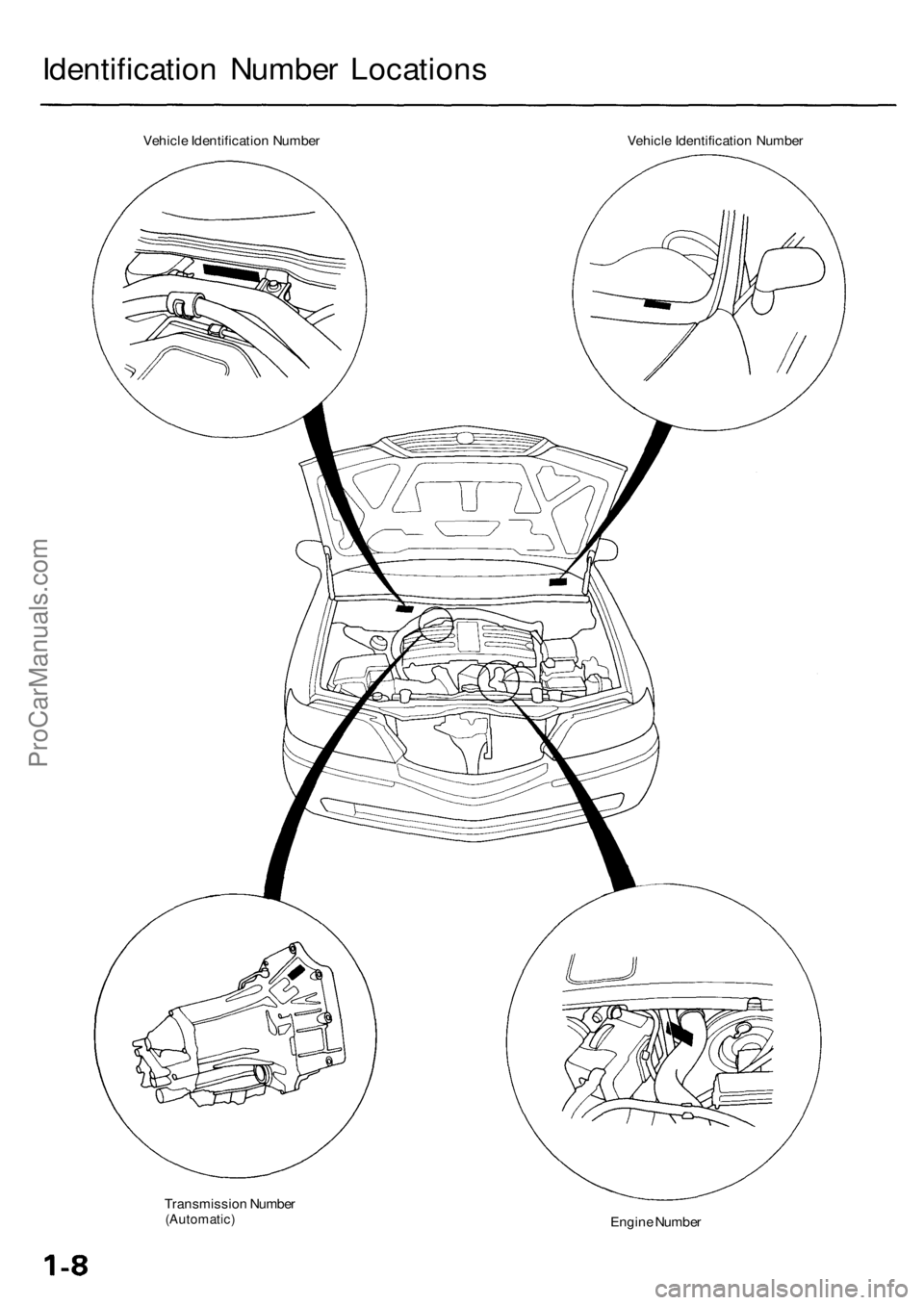 ACURA RL KA9 1996  Service Repair Manual 
Identification Number Locations

Vehicle Identification Number 
Vehicle Identification Number

Transmission Number

(Automatic)

Engine NumberProCarManuals.com 