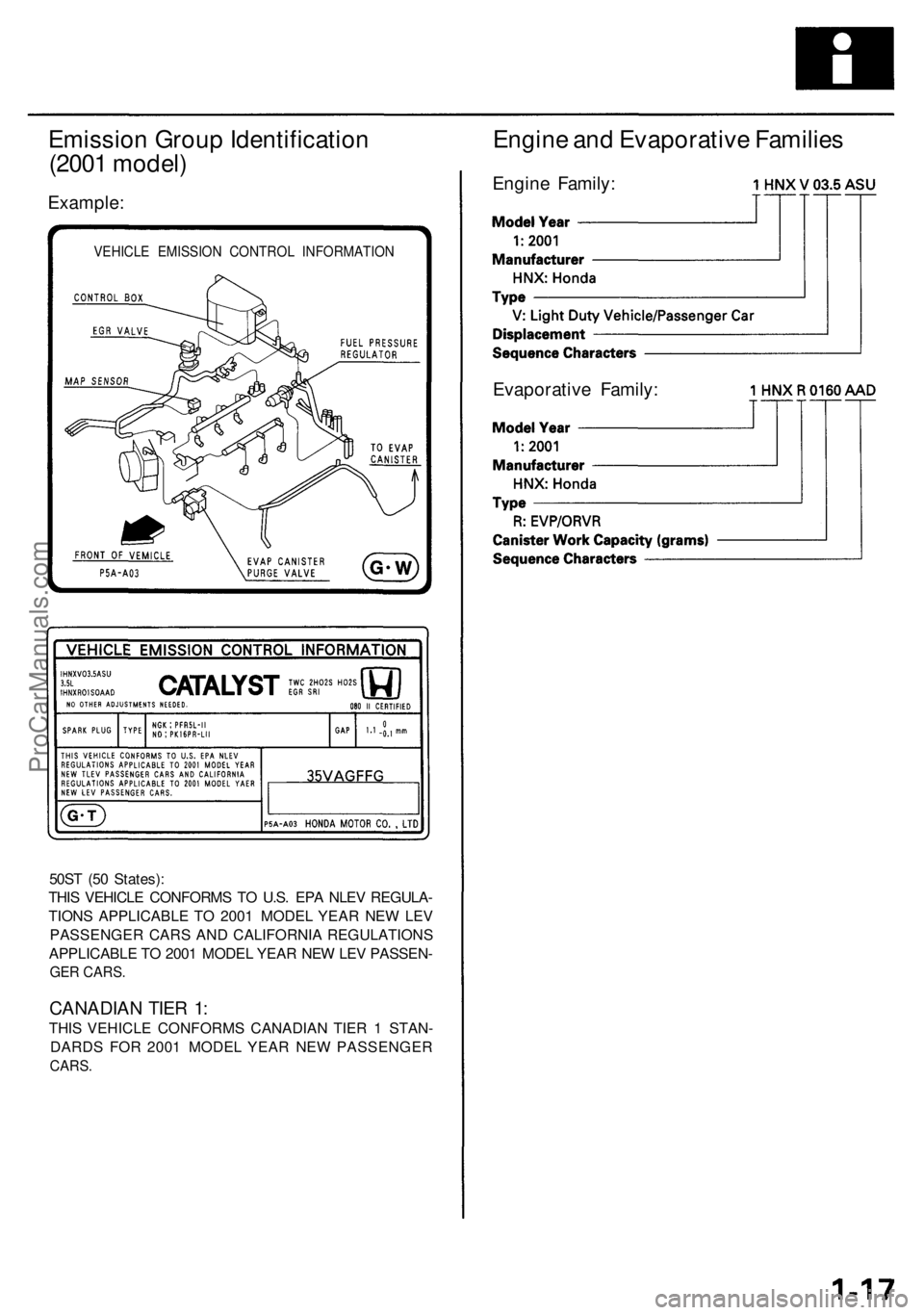 ACURA RL KA9 1996  Service Repair Manual 
Emission Group Identification

(2001 model)

Example:

VEHICLE EMISSION CONTROL INFORMATION

50ST (50 States):

THIS VEHICLE CONFORMS TO U.S. EPA NLEV REGULA-

TIONS APPLICABLE TO 2001 MODEL YEAR NEW