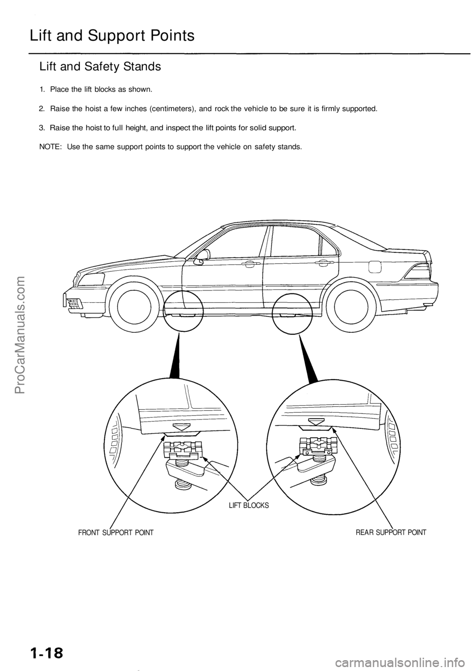 ACURA RL KA9 1996  Service Repair Manual Lift an d Suppor t Point s
Lift an d Safet y Stand s
1. Plac e th e lif t block s a s shown .
2 . Rais e th e hois t a  fe w inche s (centimeters) , an d roc k th e vehicl e t o b e sur e it i s firml
